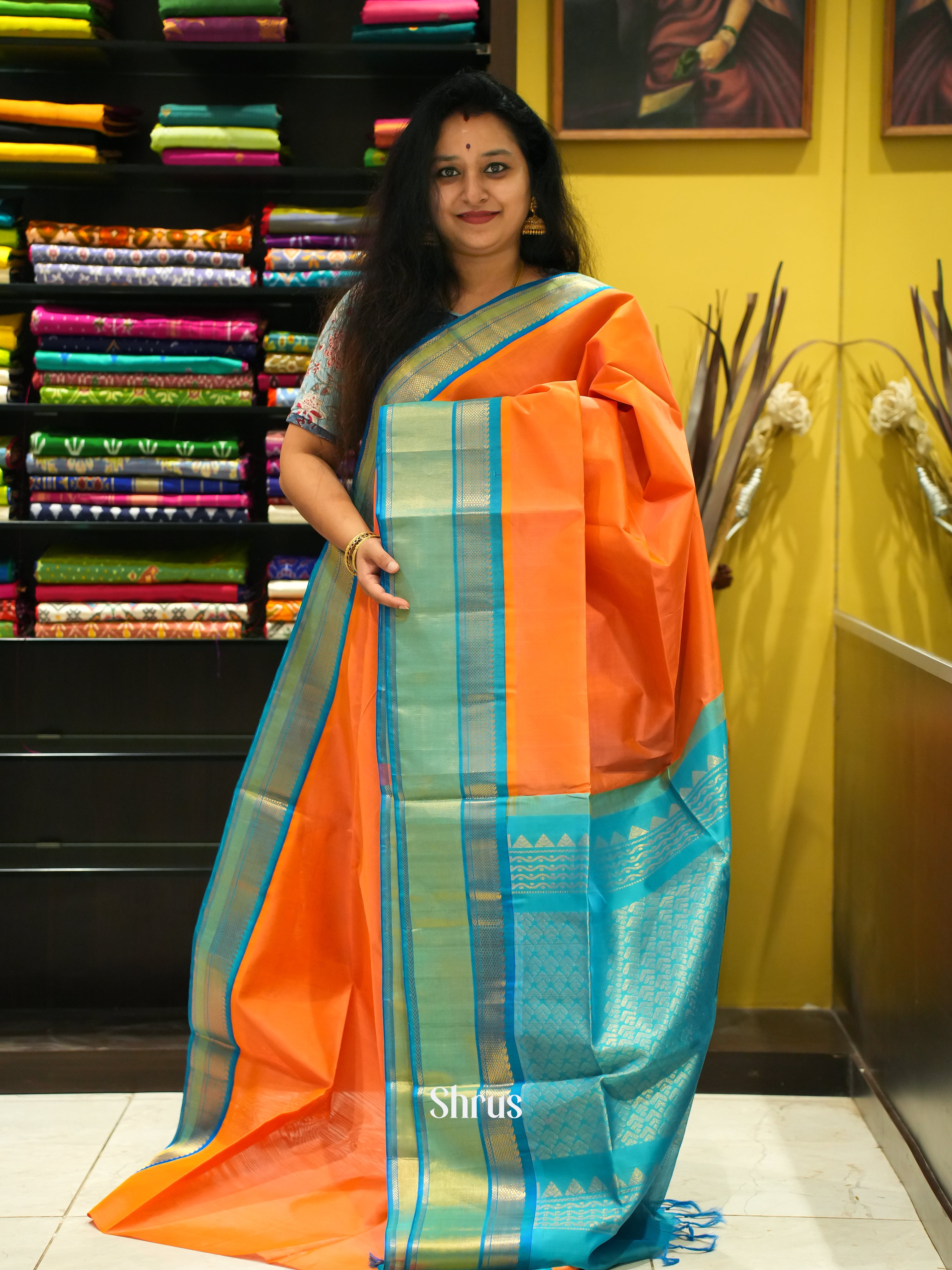 Orange & Blue - Silk Cotton Saree - Shop on ShrusEternity.com