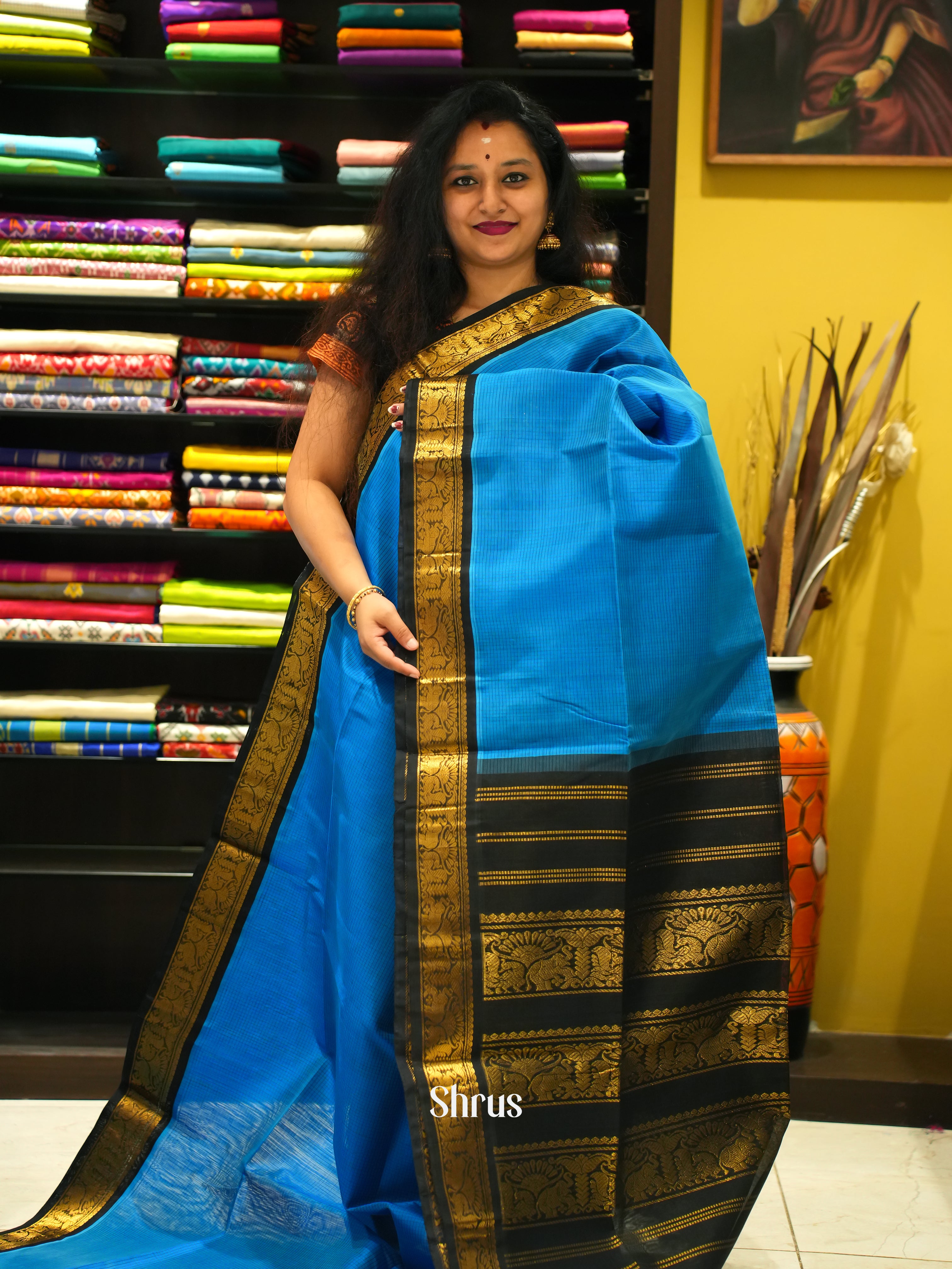 Blue & Black - Silk Cotton Saree - Shop on ShrusEternity.com