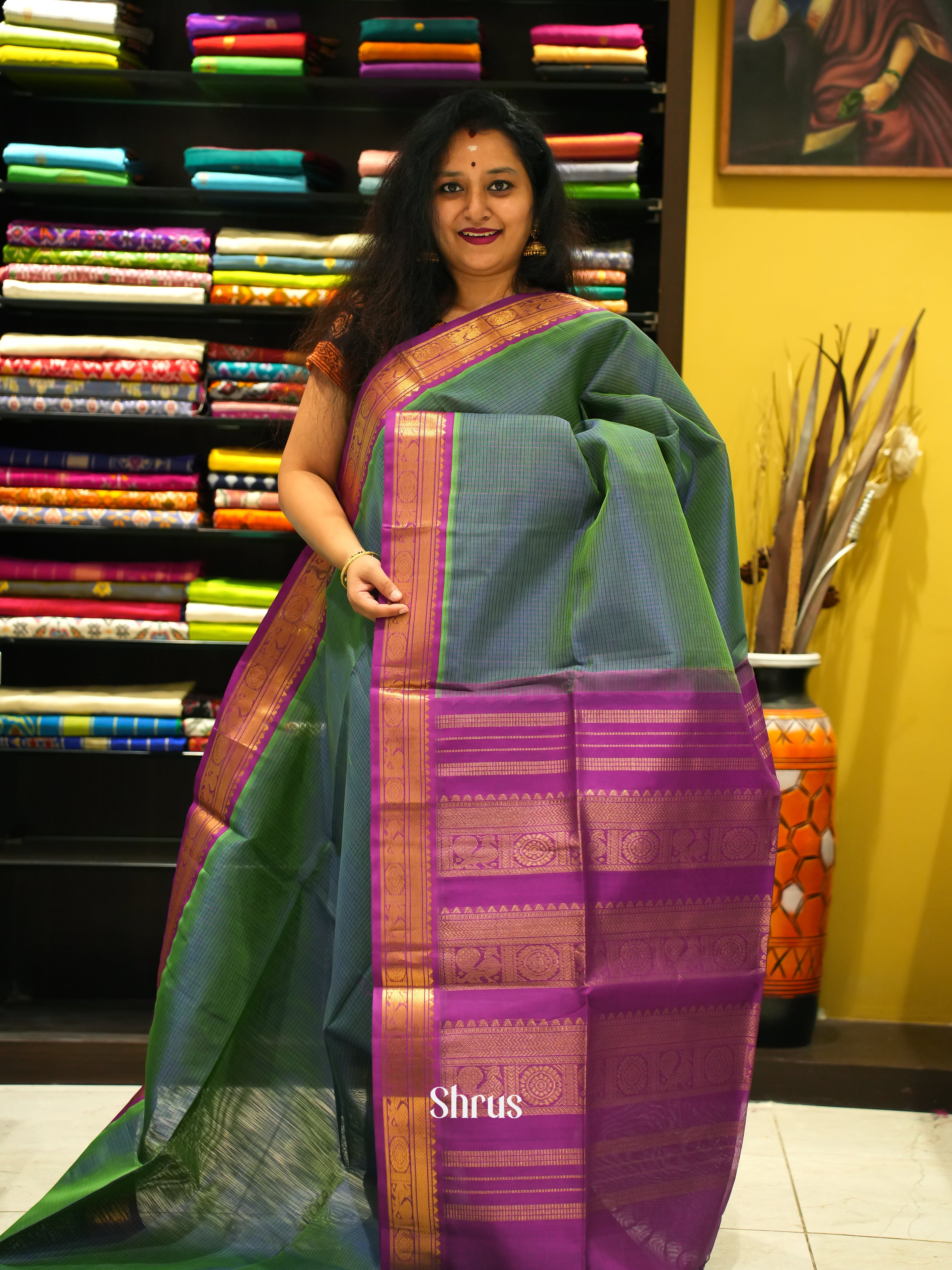 Green & Majenta - Silk Cotton Saree - Shop on ShrusEternity.com