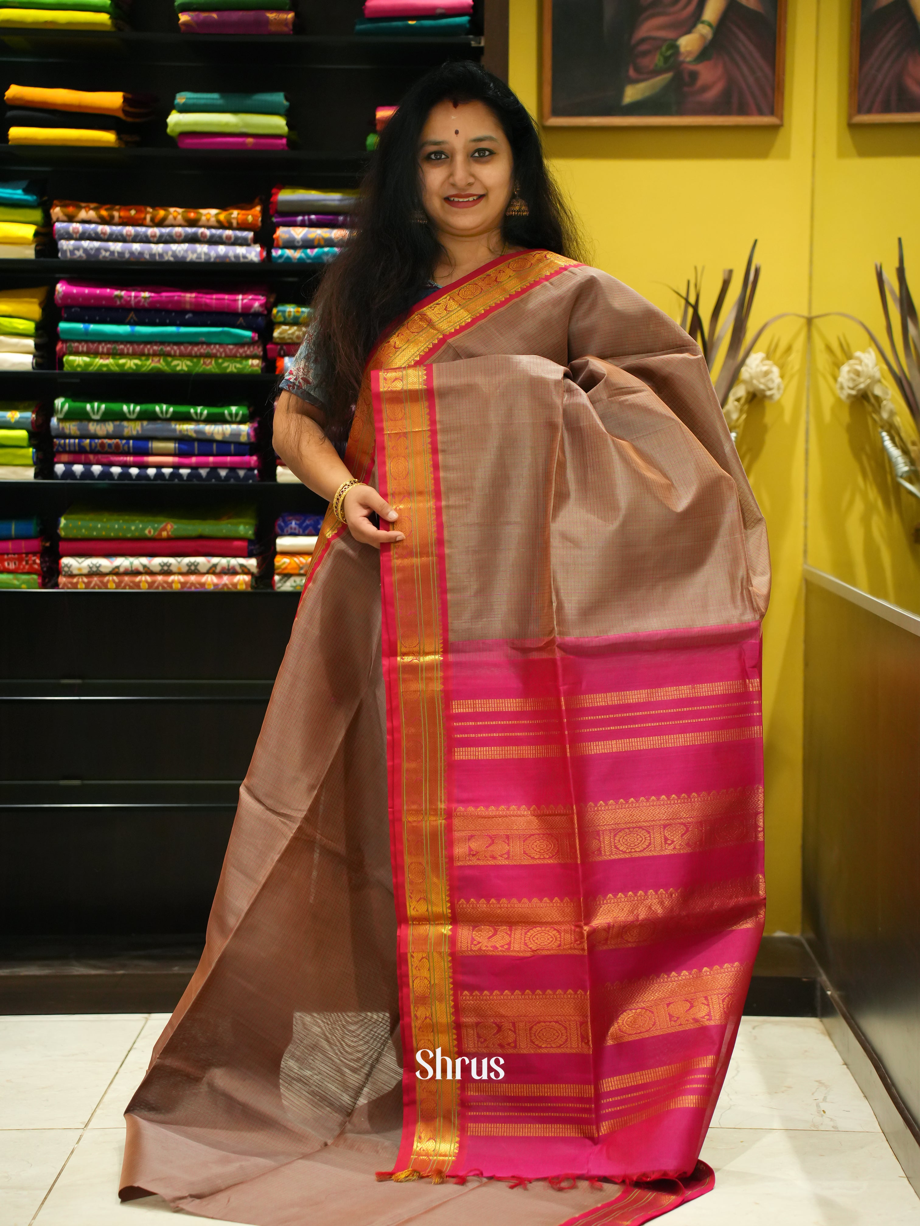 Grey & Pink- Silk Cotton Saree - Shop on ShrusEternity.com