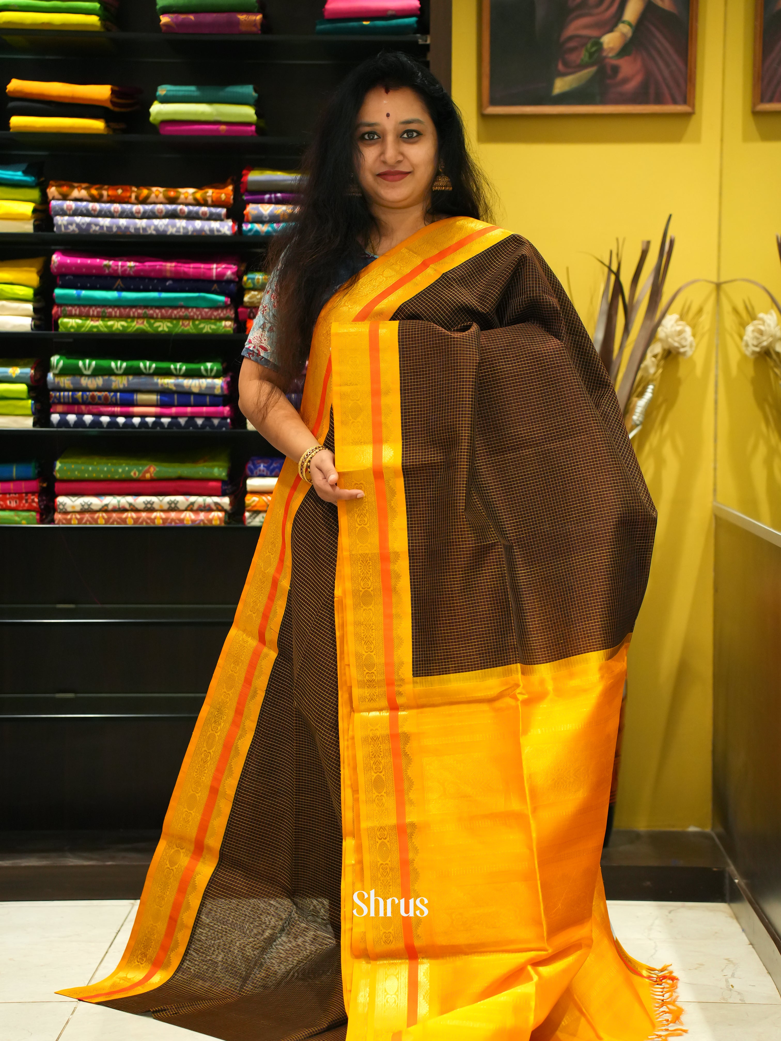 Brown & Mustard - Silk Cotton Saree - Shop on ShrusEternity.com