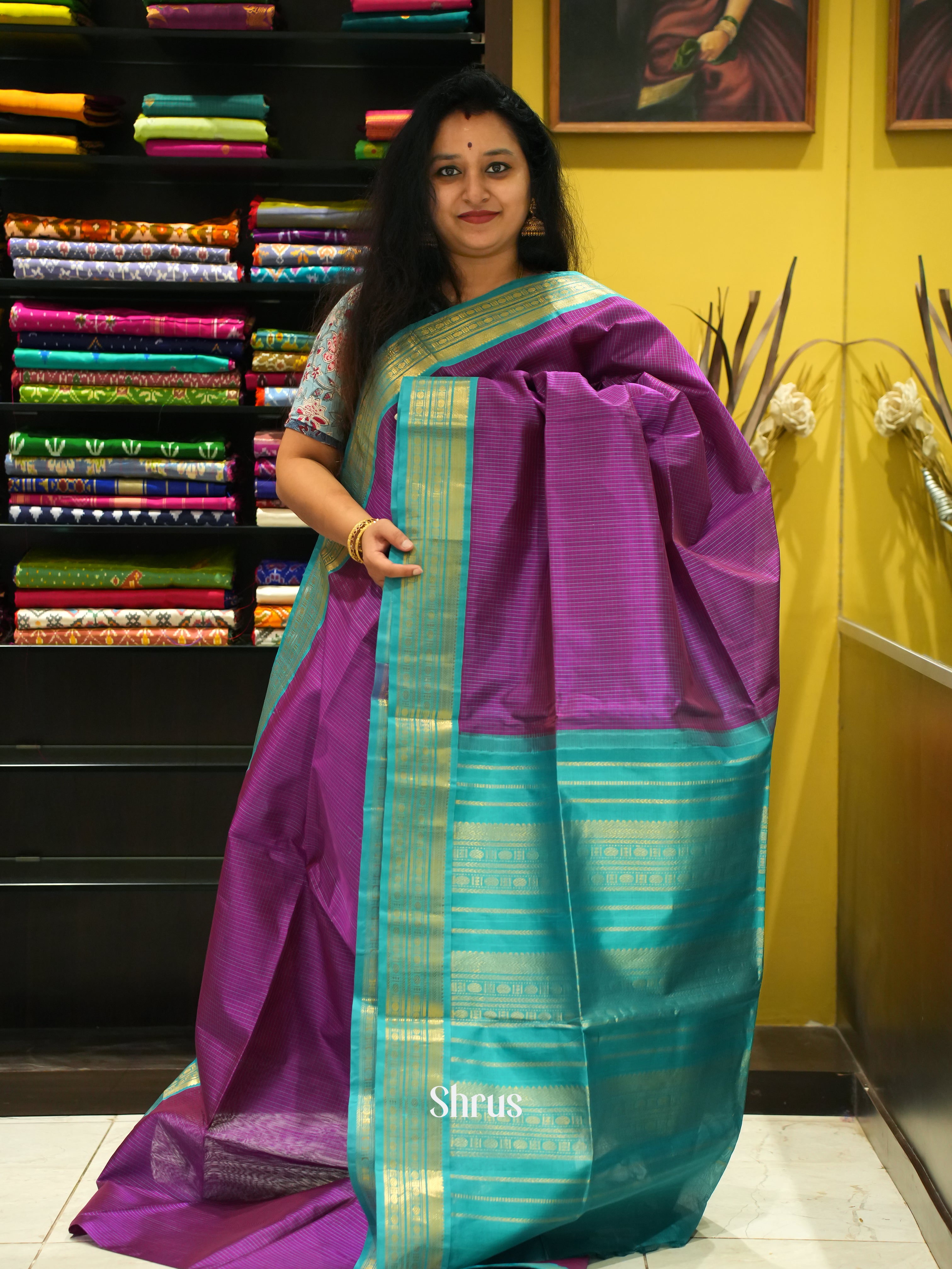 Violet  & Blue - Silk Cotton Saree - Shop on ShrusEternity.com