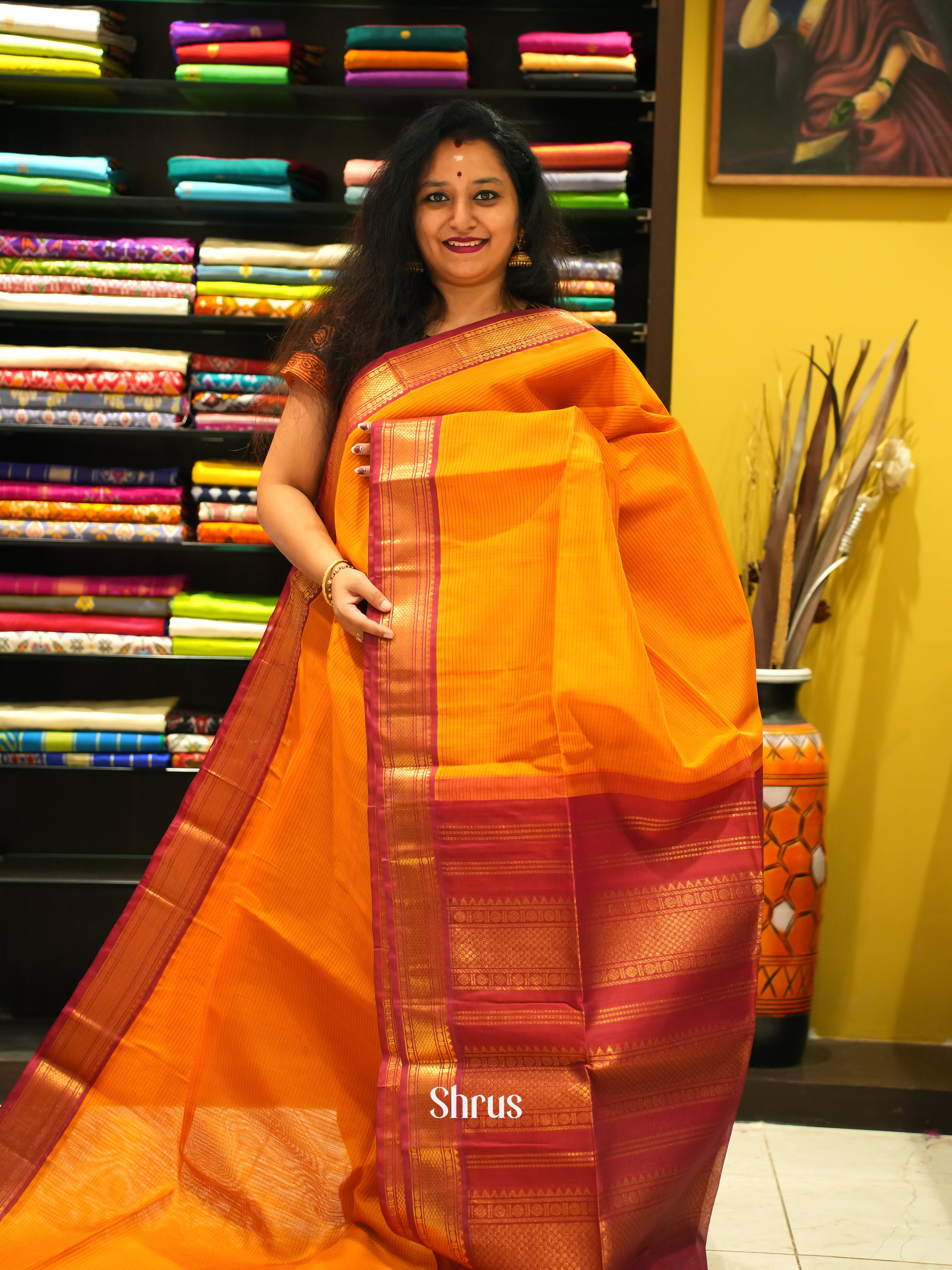 Mustard & Red - Silk Cotton Saree - Shop on ShrusEternity.com