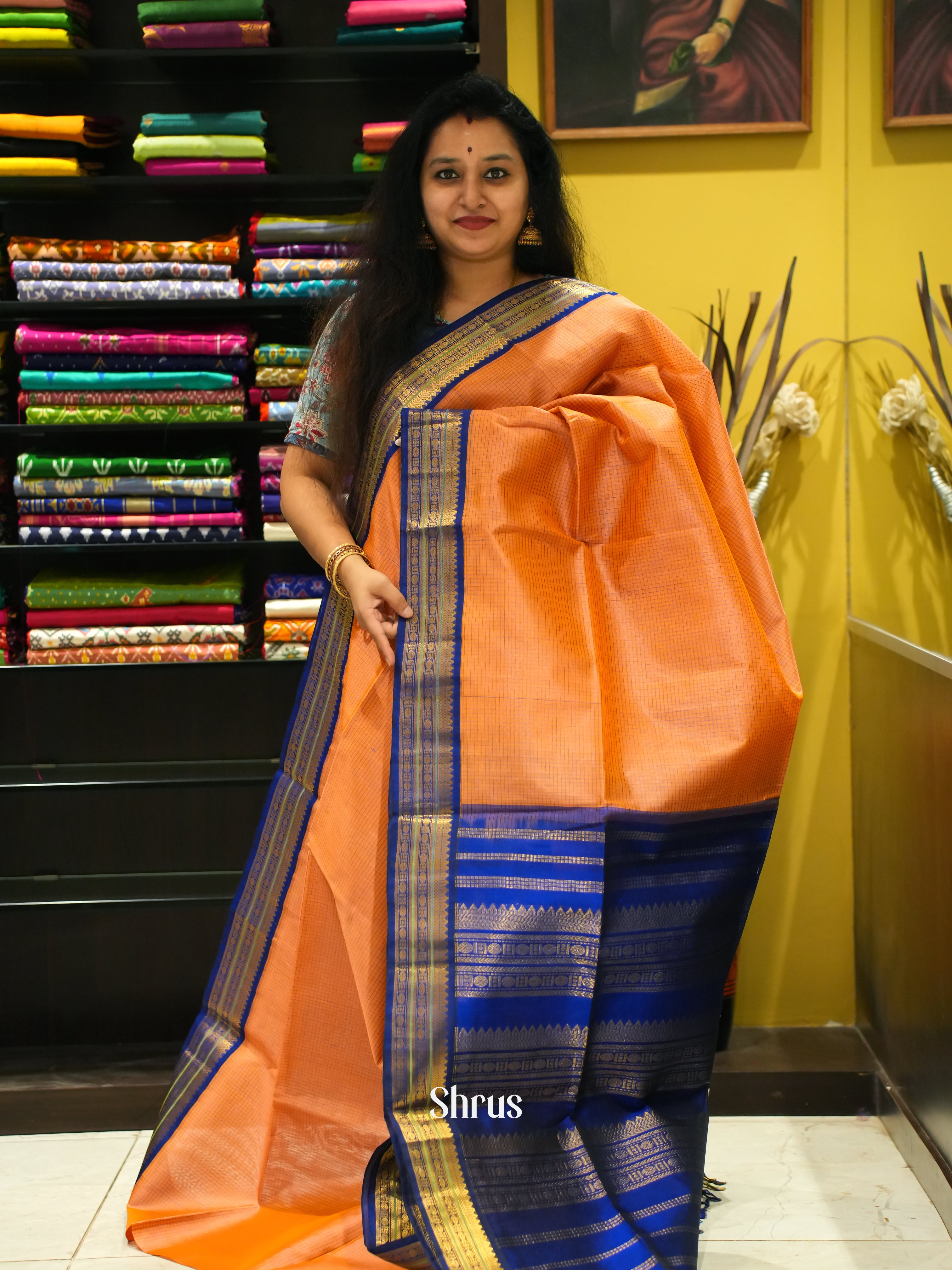 Orangish Peach & Blue - Silk Cotton Saree - Shop on ShrusEternity.com