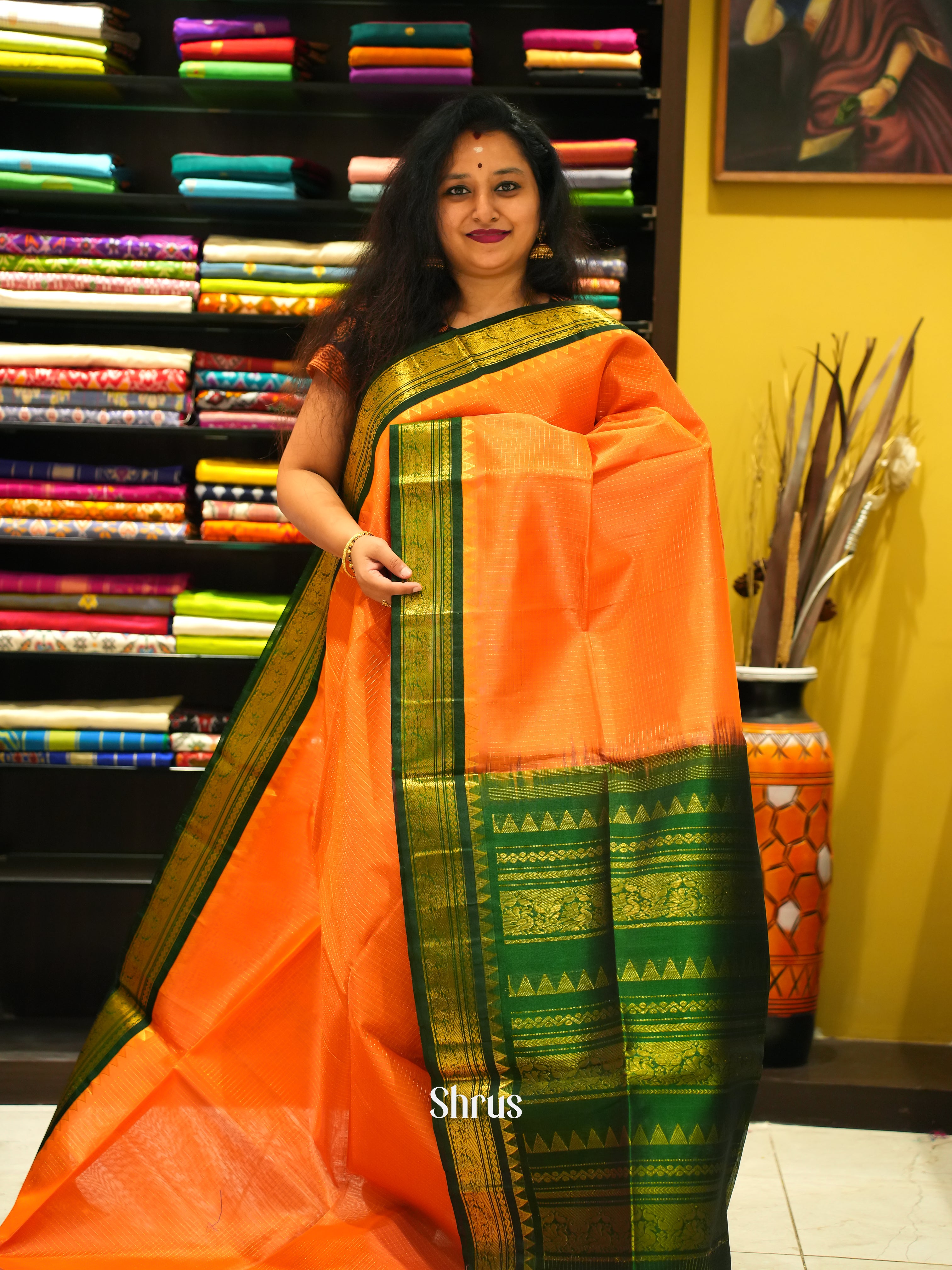 Orange & Green - Silk Cotton Saree - Shop on ShrusEternity.com