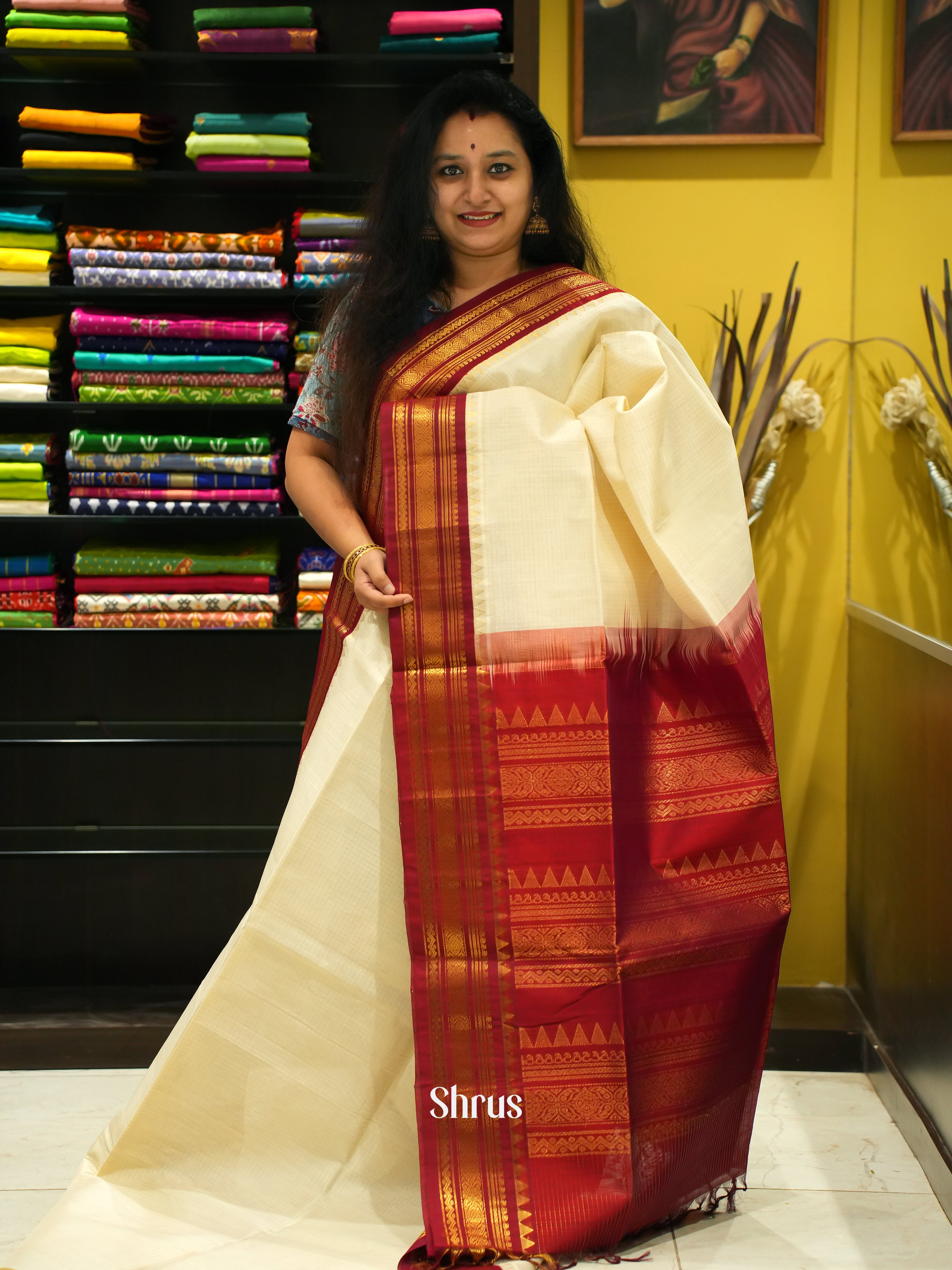 Cream & Maroon - Silk Cotton Saree - Shop on ShrusEternity.com