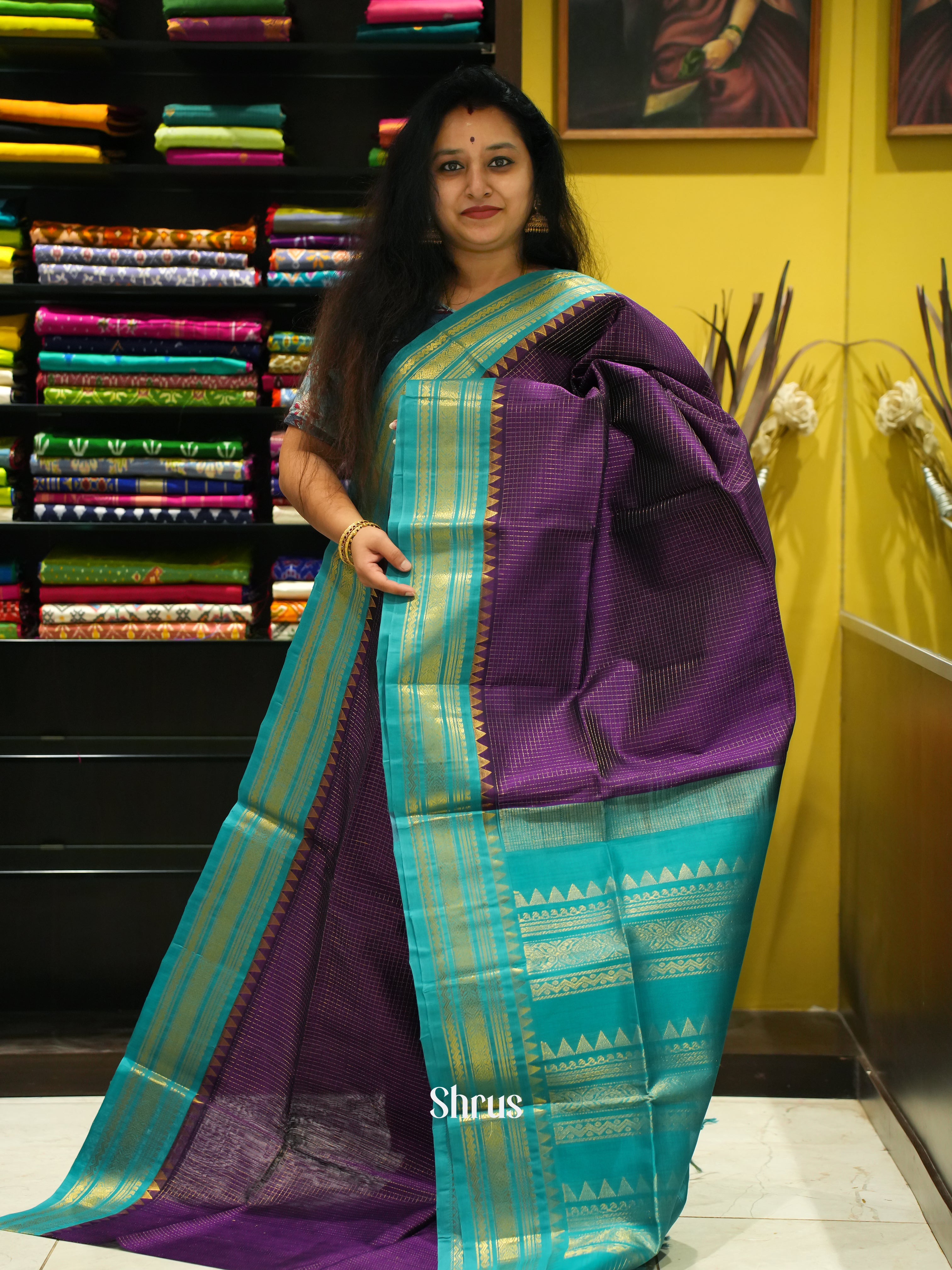 Violet & Blue - Silk Cotton Saree - Shop on ShrusEternity.com