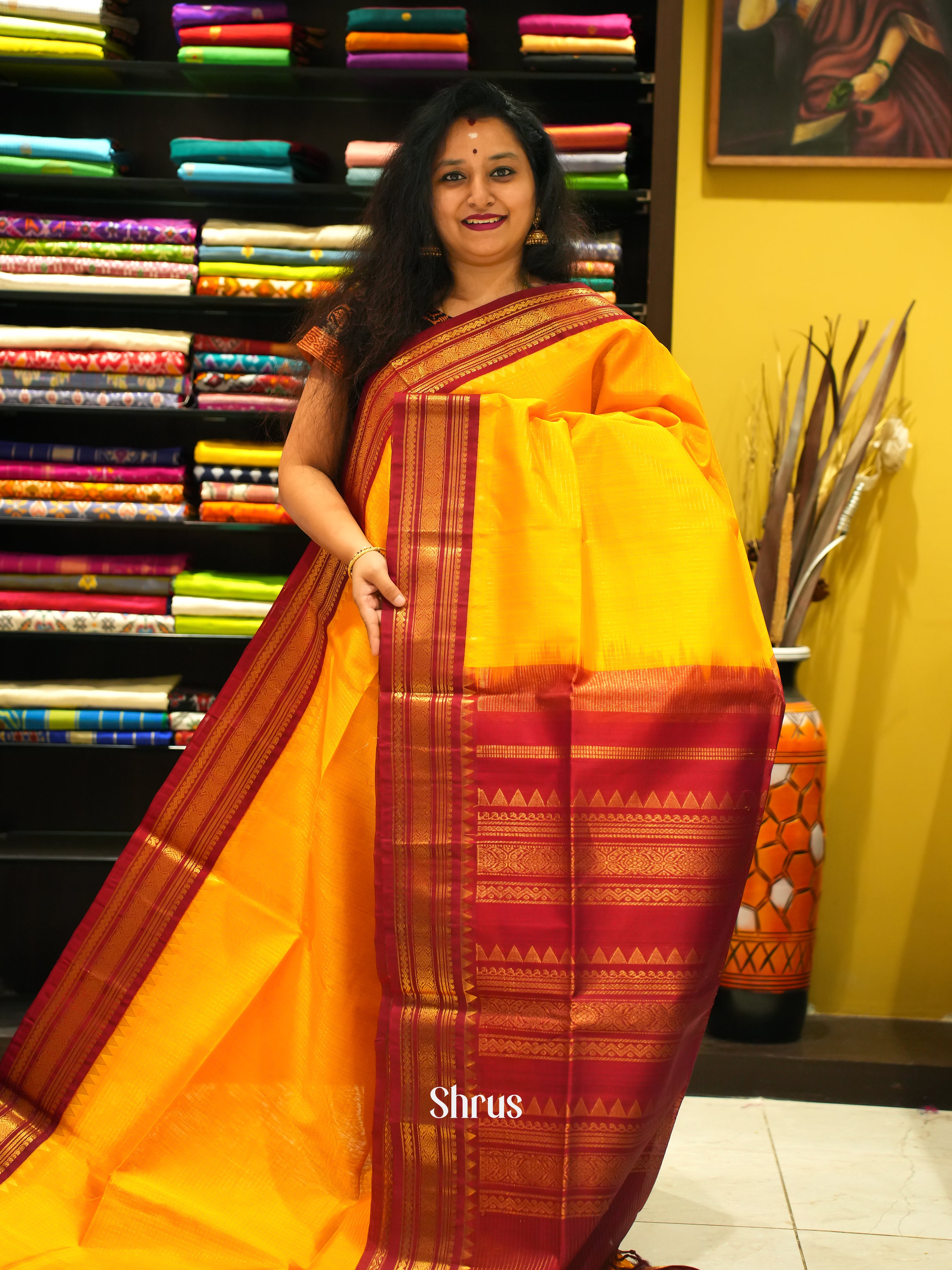 Yellow & Maroon  - Silk Cotton Saree - Shop on ShrusEternity.com