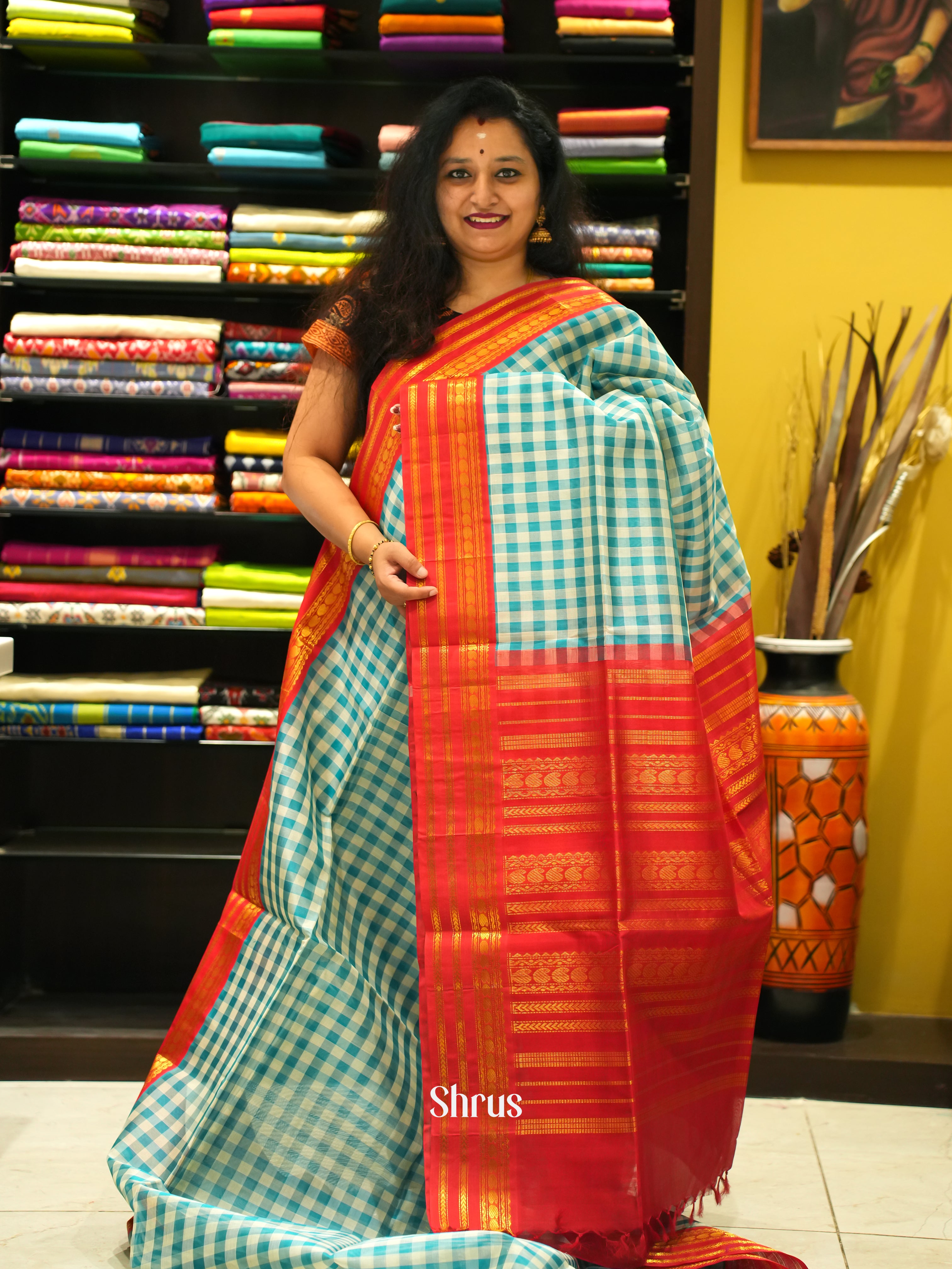 Blue & Red - Silk Cotton Saree - Shop on ShrusEternity.com