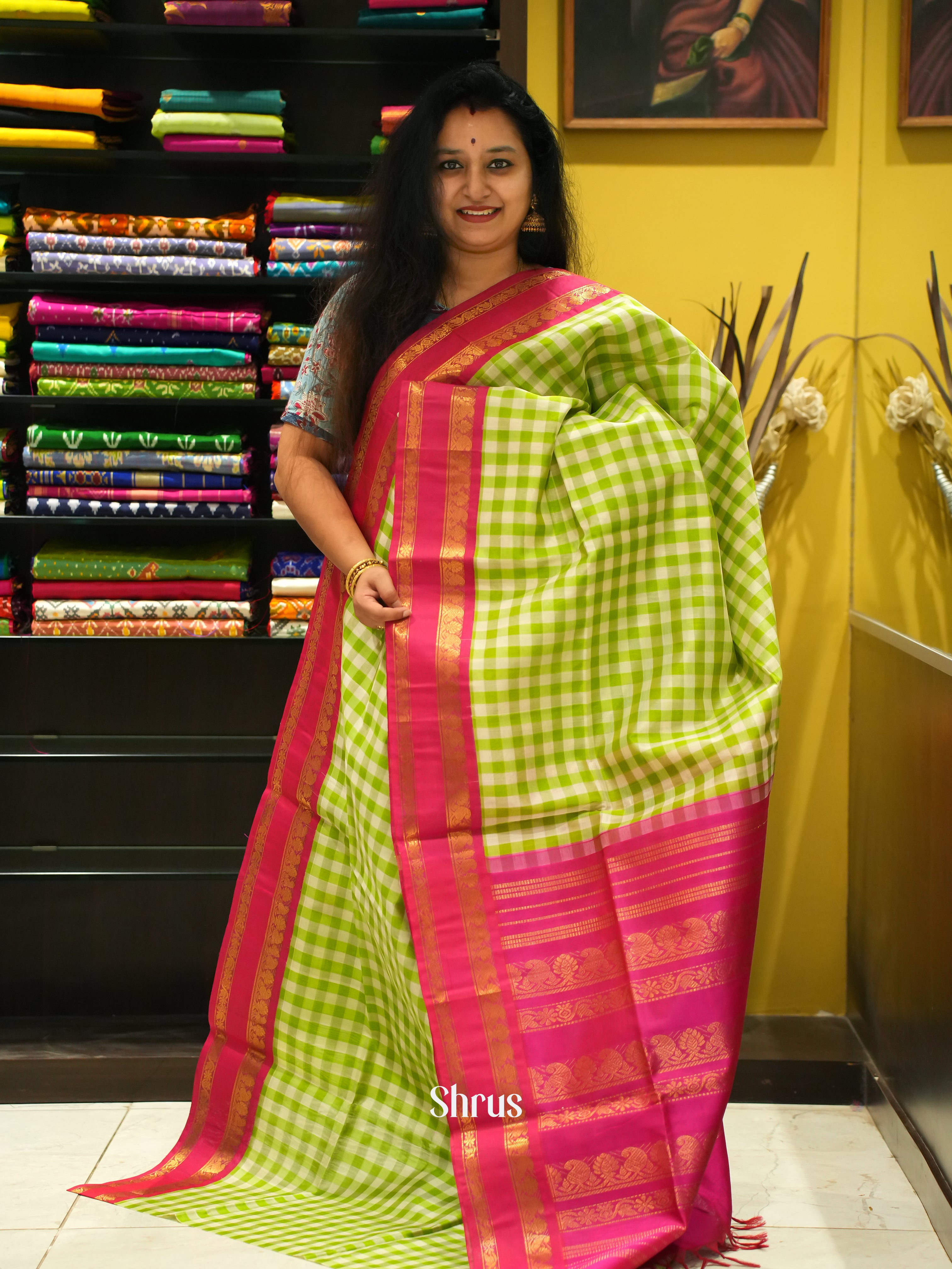 Green & Pink  - Silk Cotton Saree - Shop on ShrusEternity.com