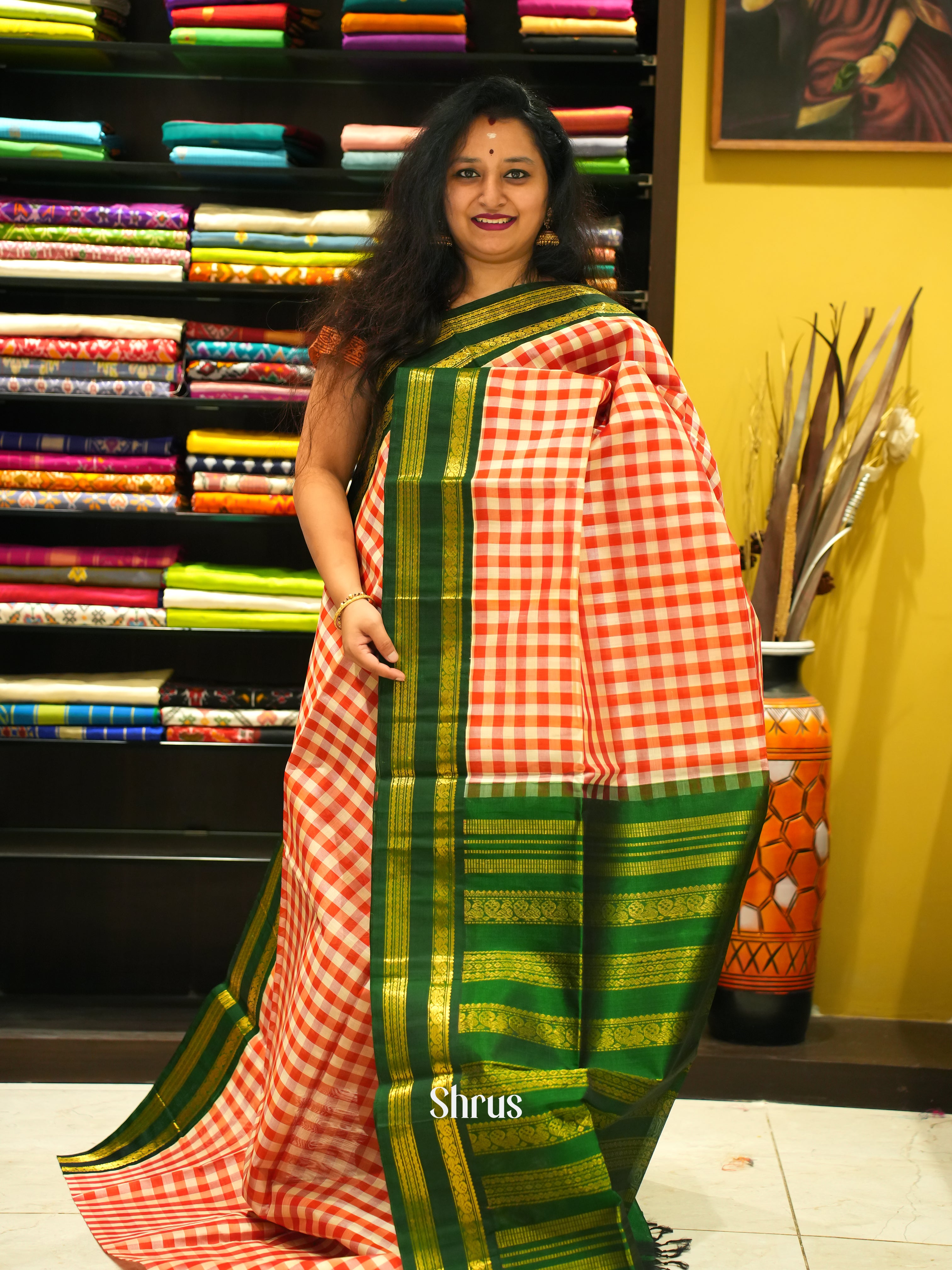 Red & Green - Silk Cotton Saree - Shop on ShrusEternity.com