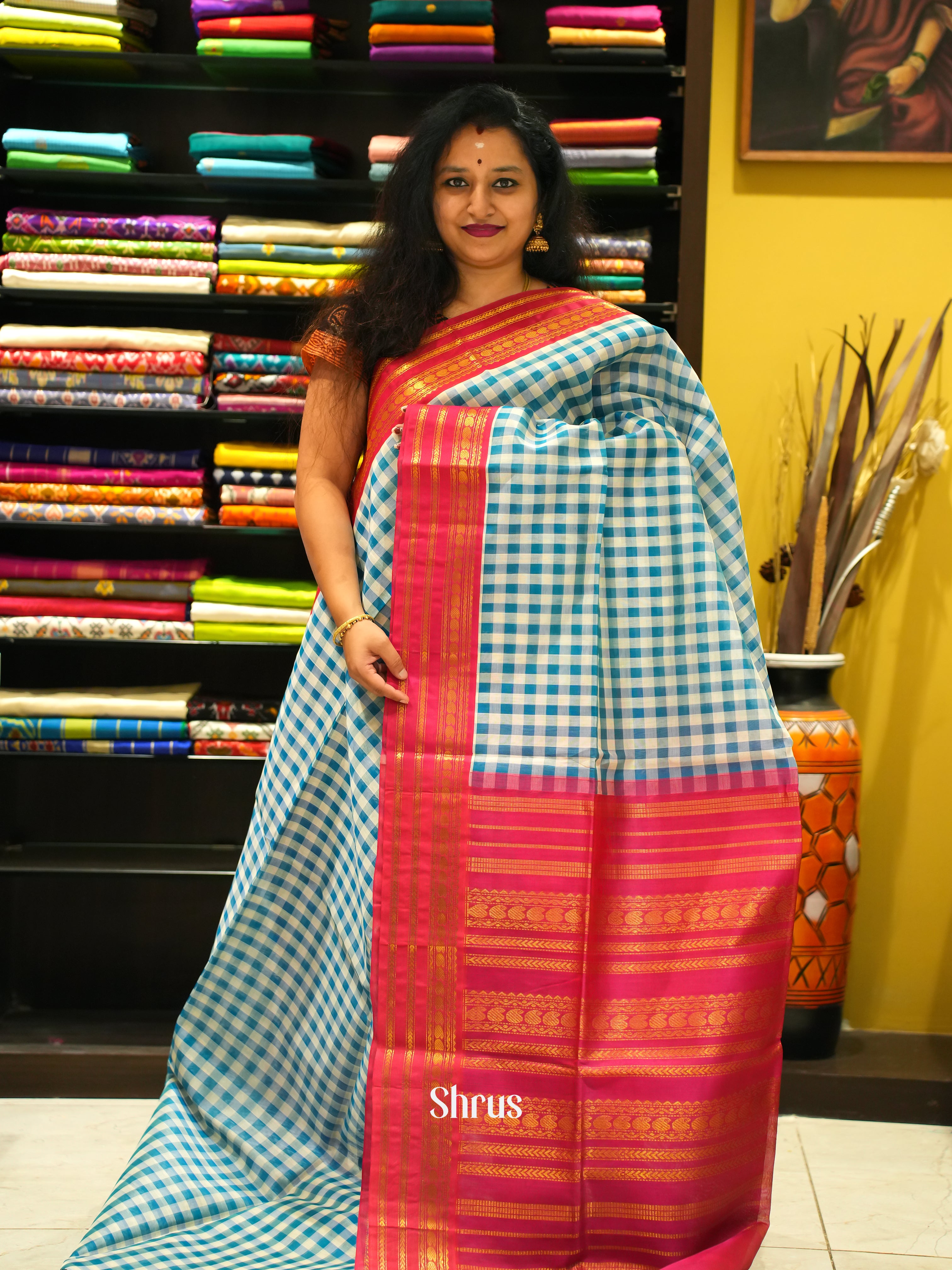 Blue & Red - Silk Cotton Saree - Shop on ShrusEternity.com