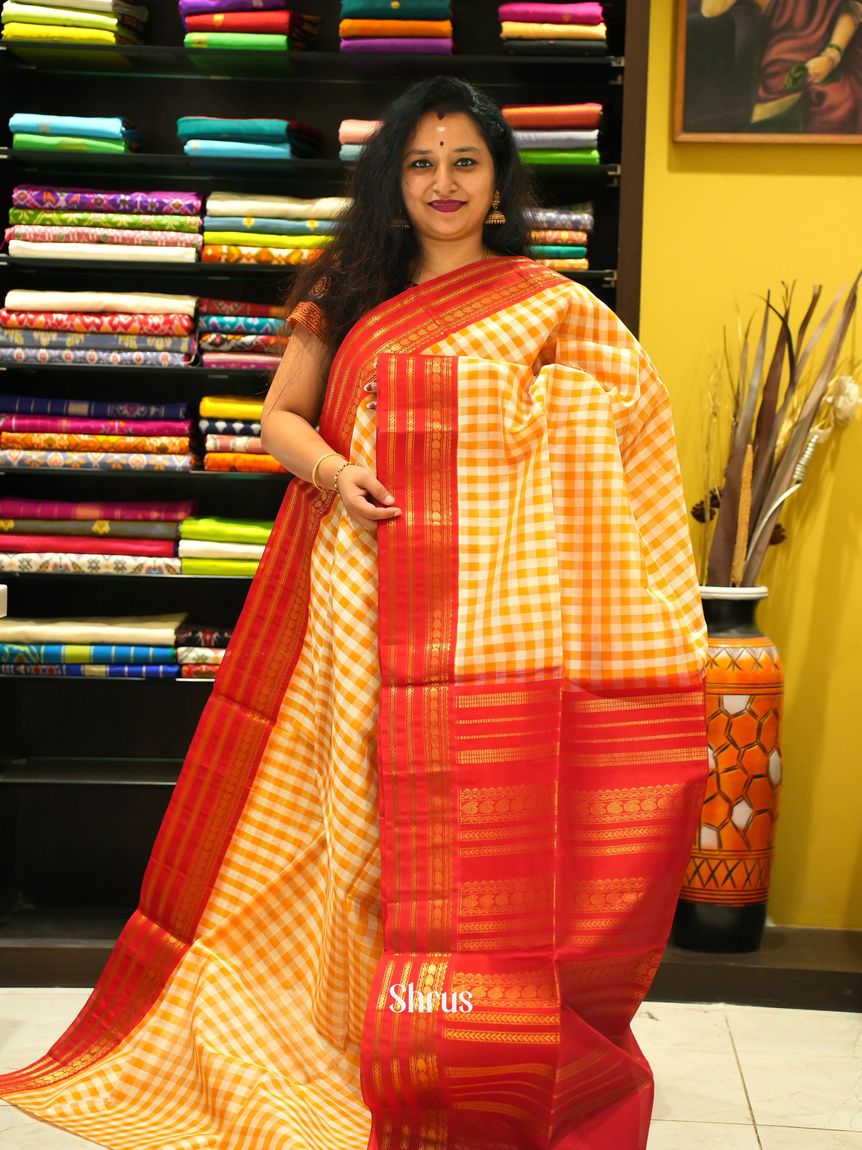 Orange & Red - Silk Cotton Saree - Shop on ShrusEternity.com