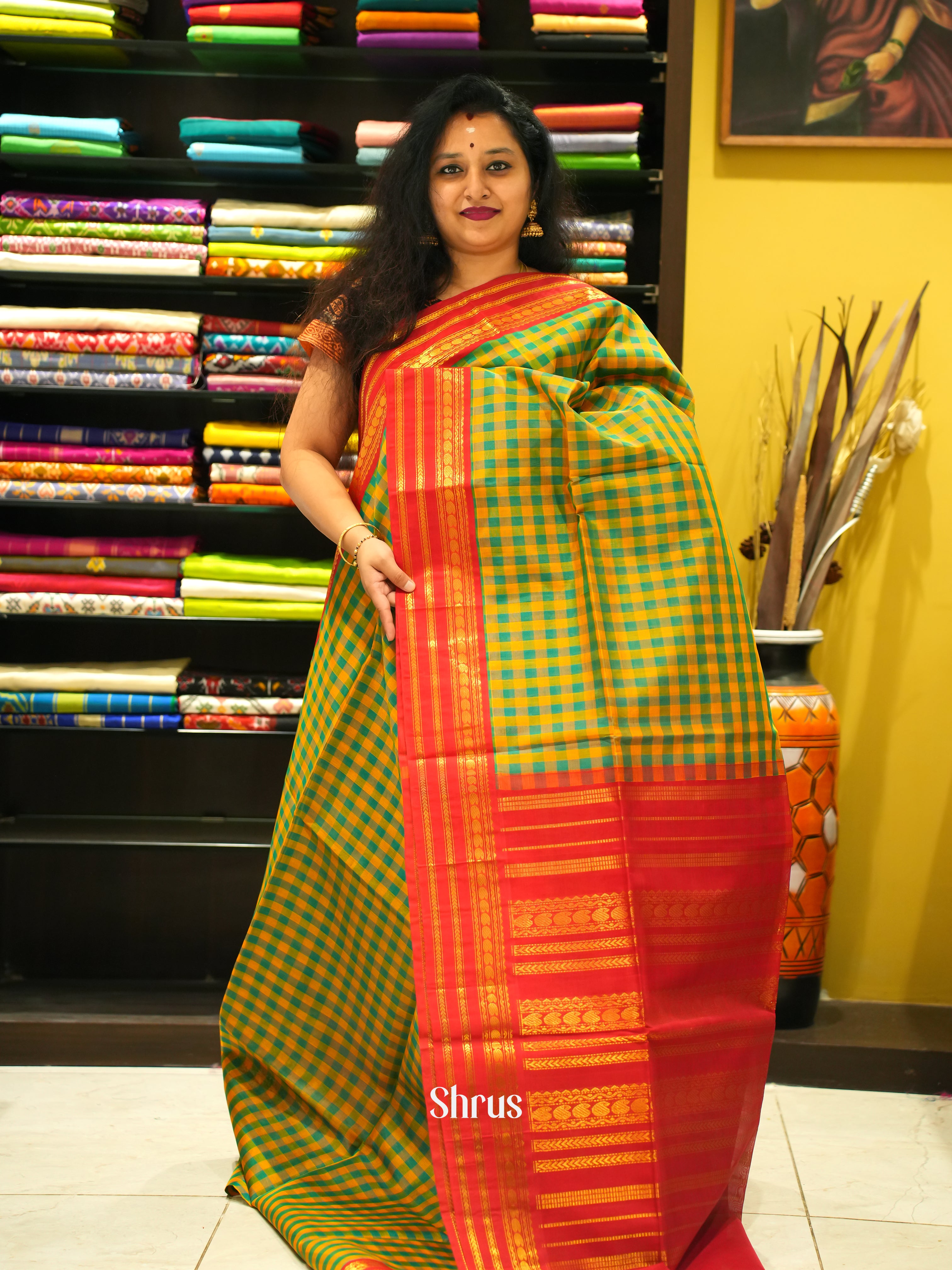 Green & Red  - Silk Cotton Saree - Shop on ShrusEternity.com