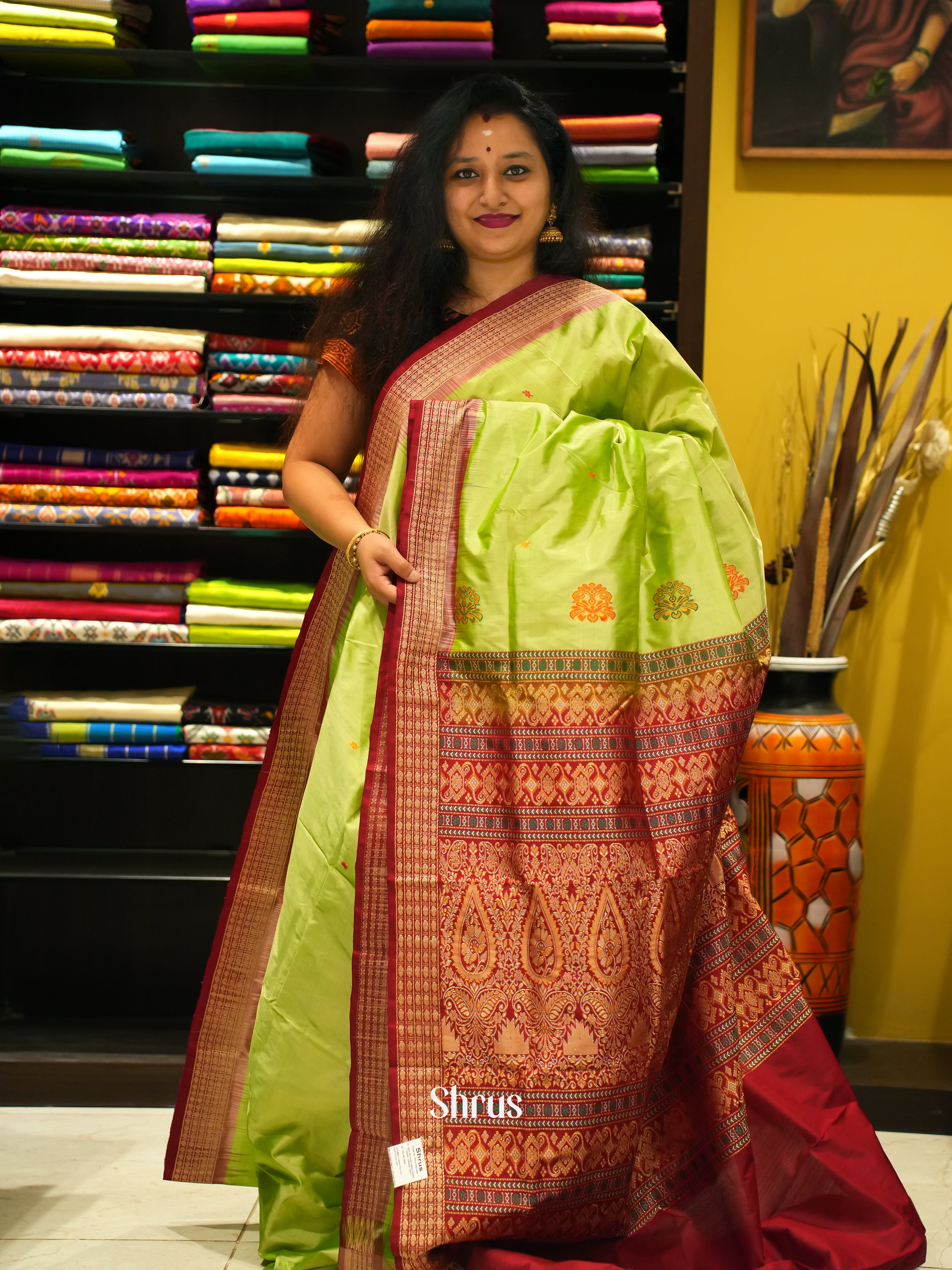 Green & Maroon- Odisha Sambalpuri Soft Silk Saree - Shop on ShrusEternity.com