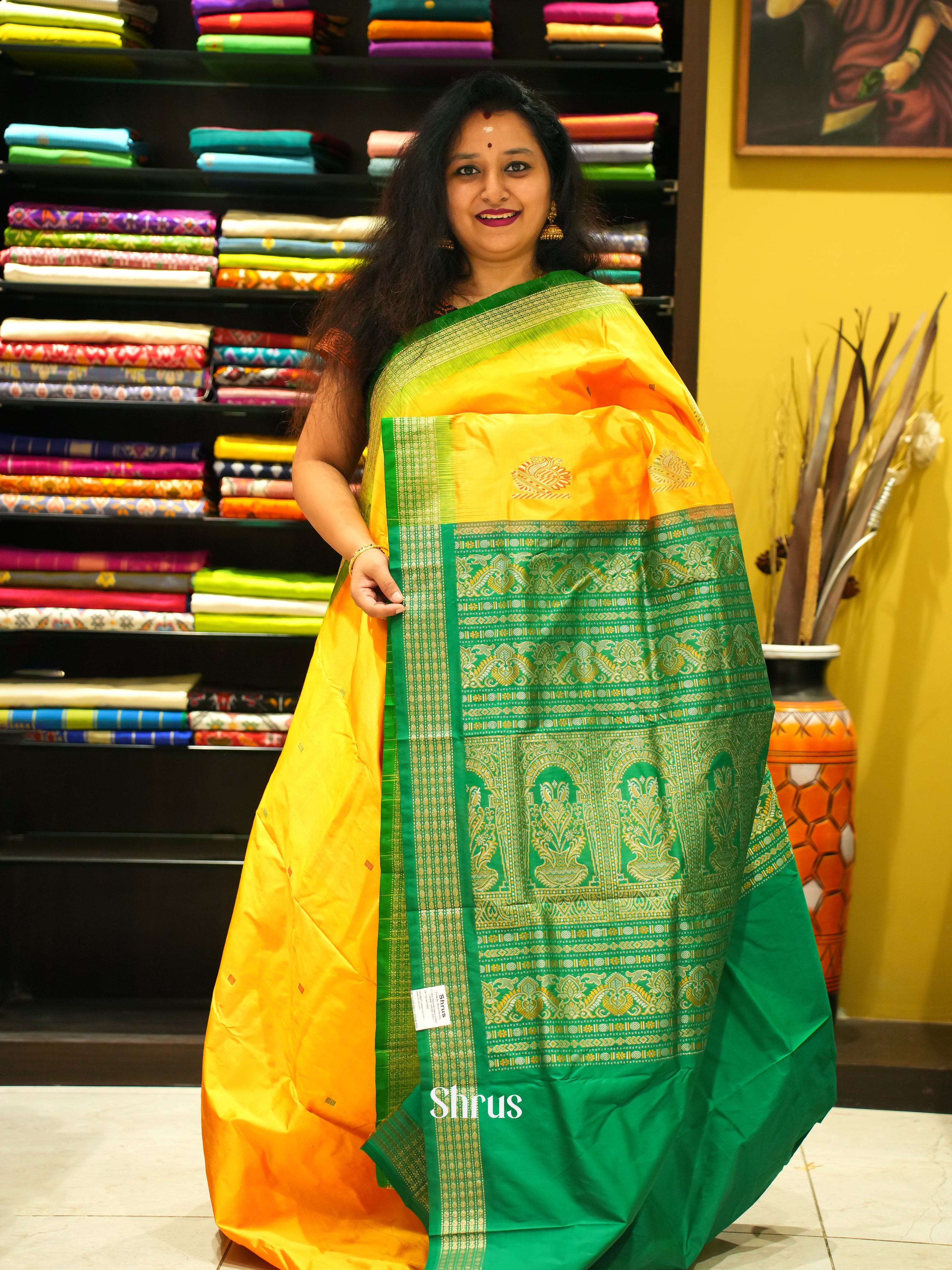 Yellow & Green -Odisha Sambalpuri Soft Silk Saree - Shop on ShrusEternity.com