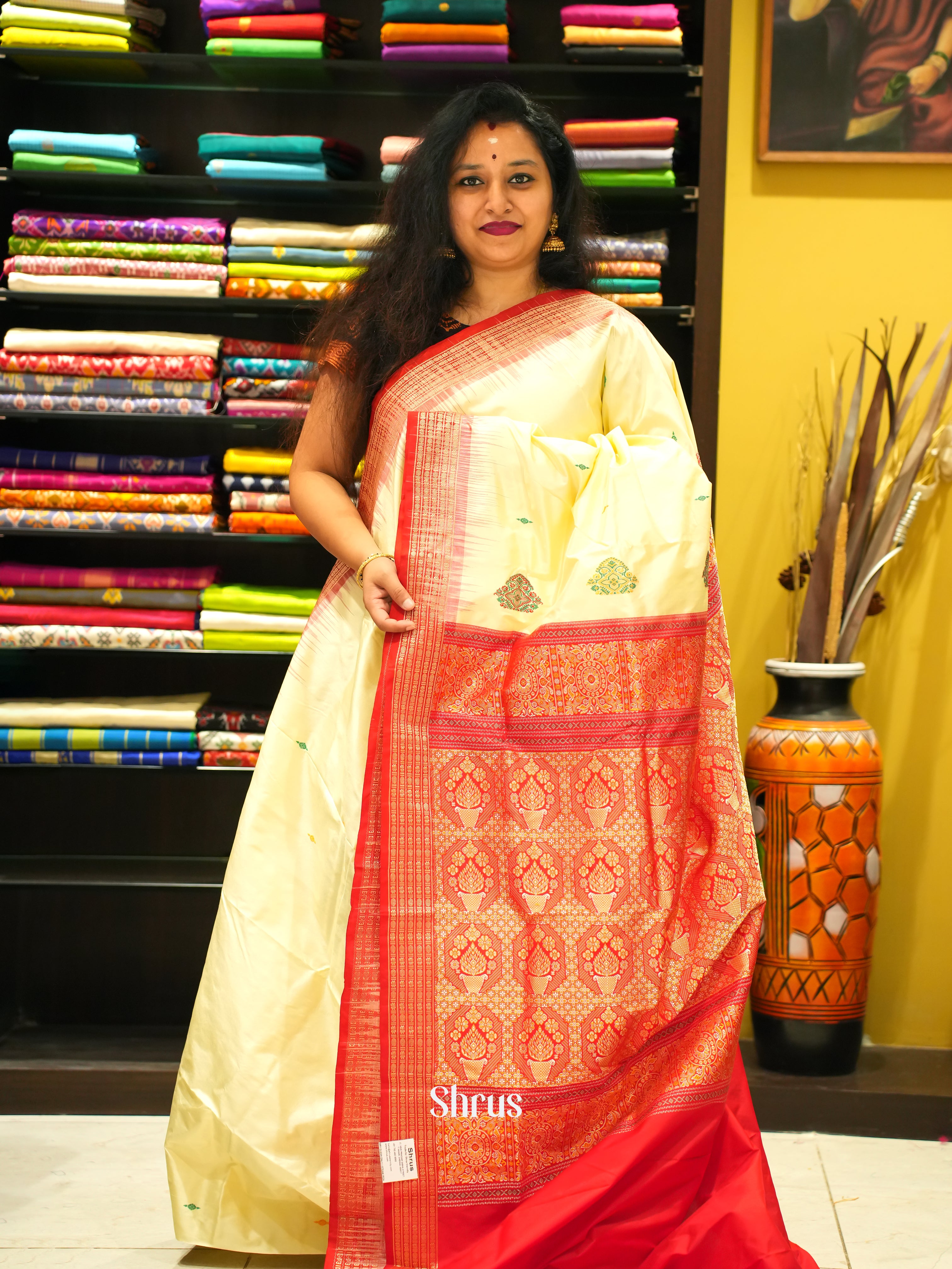 Cream & Red - Odisha Sambalpuri Soft Silk Saree - Shop on ShrusEternity.com