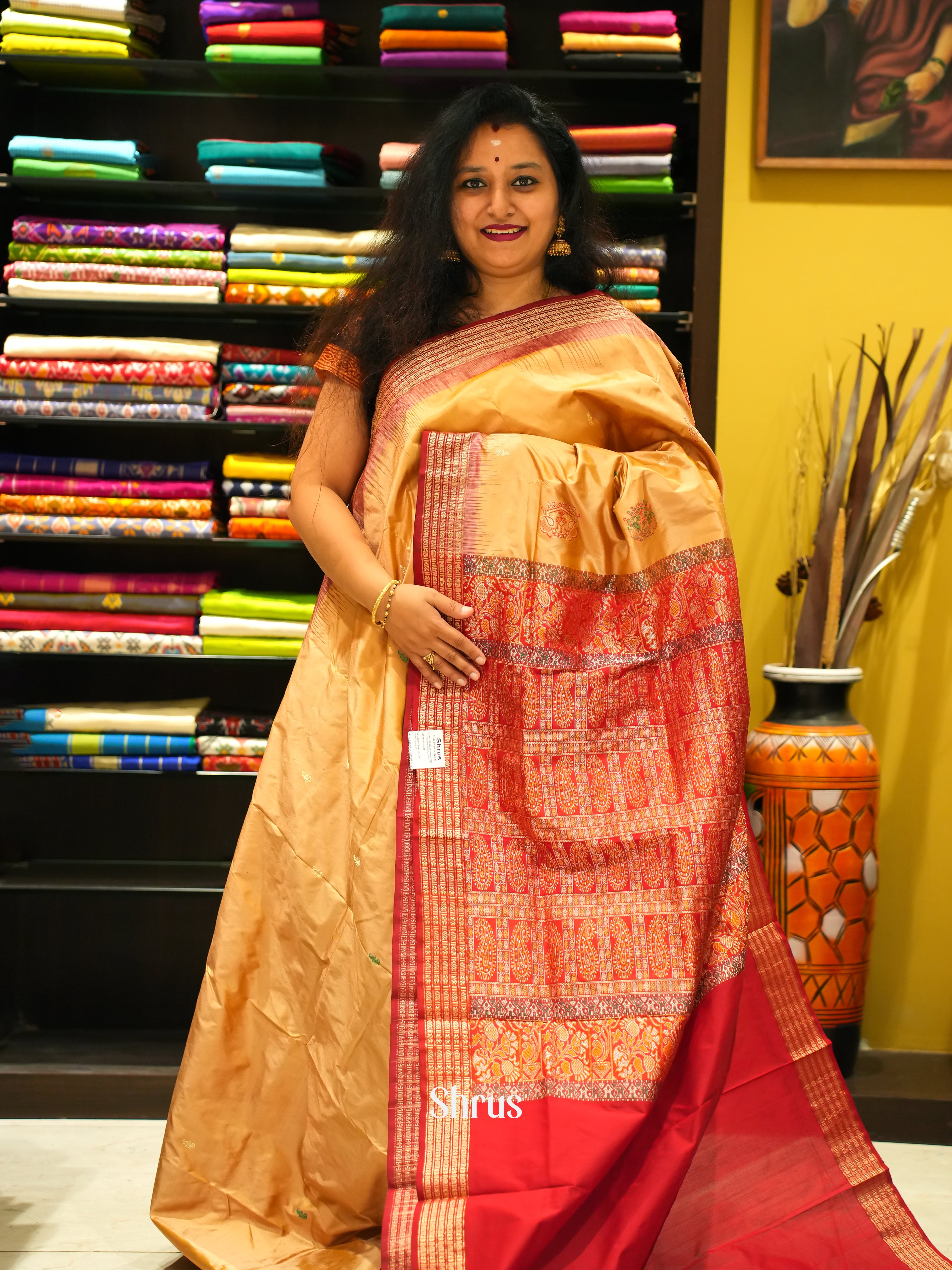 Beige & Red - Odisha Sambalpuri Soft Silk Saree - Shop on ShrusEternity.com