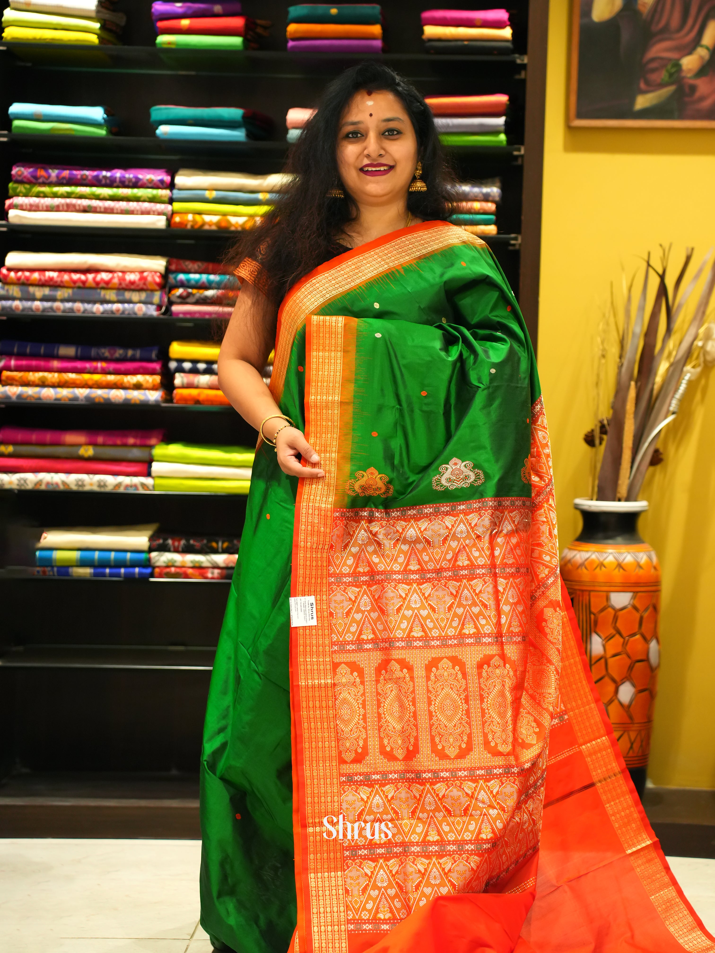 Green & Orange -Odisha  Sambalpuri Soft Silk Saree - Shop on ShrusEternity.com