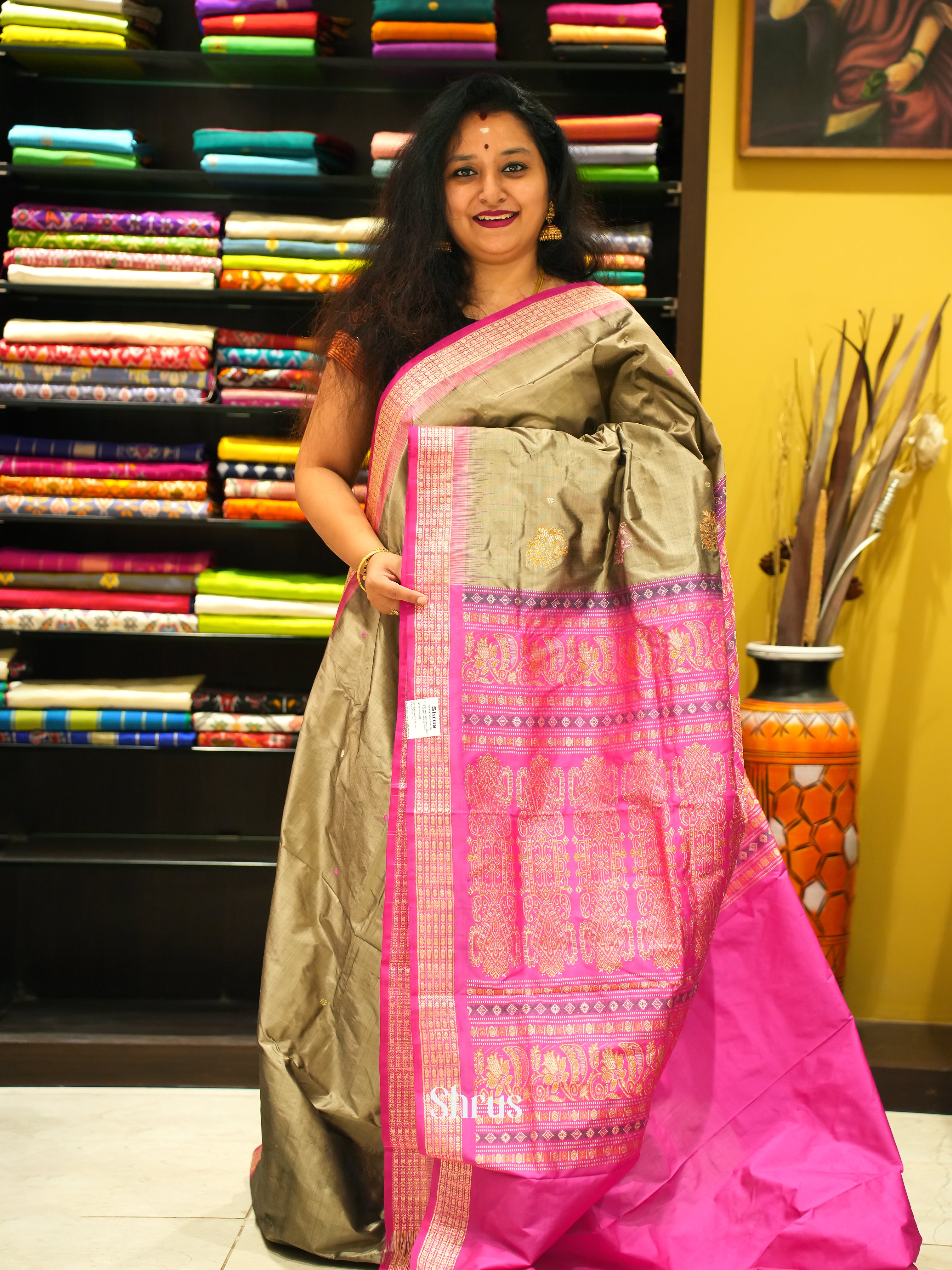 Grey & Pink - Odisha Sambalpuri Soft Silk Saree - Shop on ShrusEternity.com