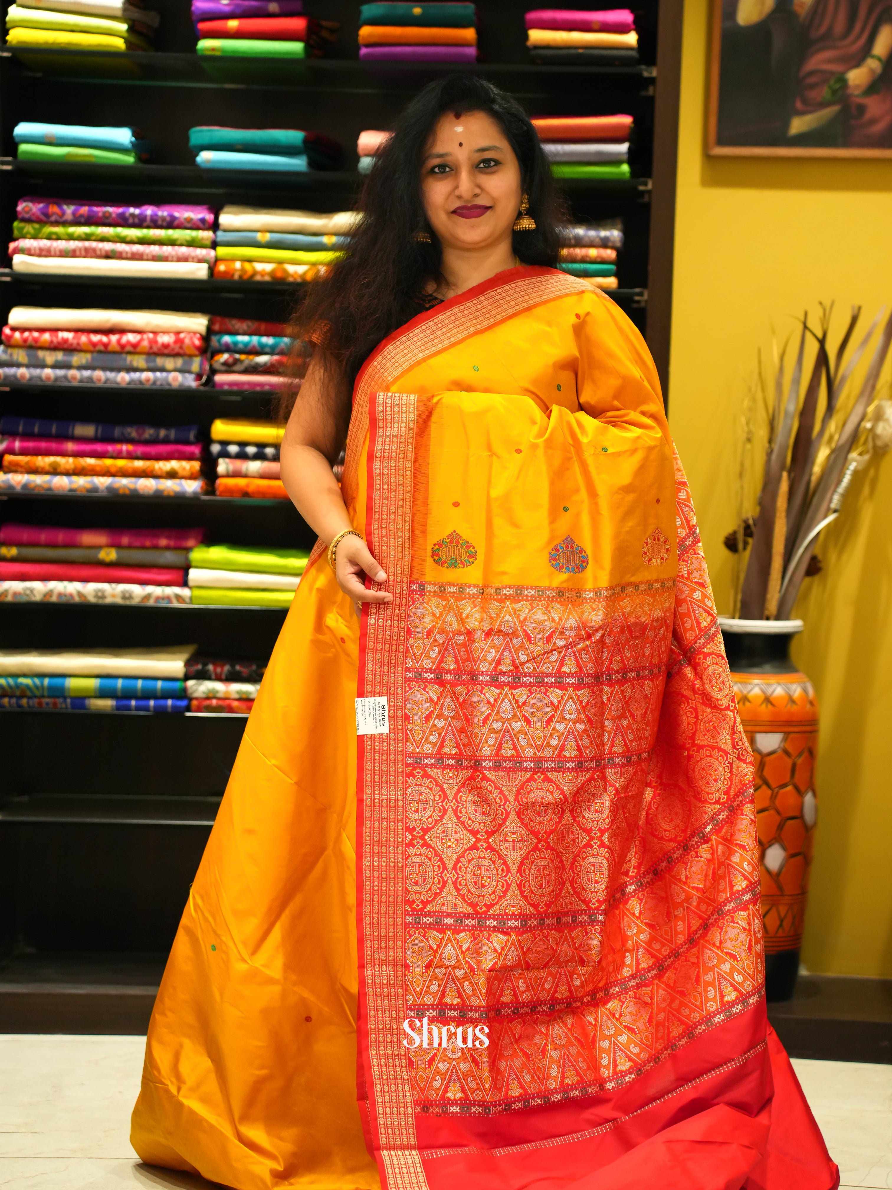 Yellow & Red- Odisha Sambalpuri Soft Silk Saree - Shop on ShrusEternity.com