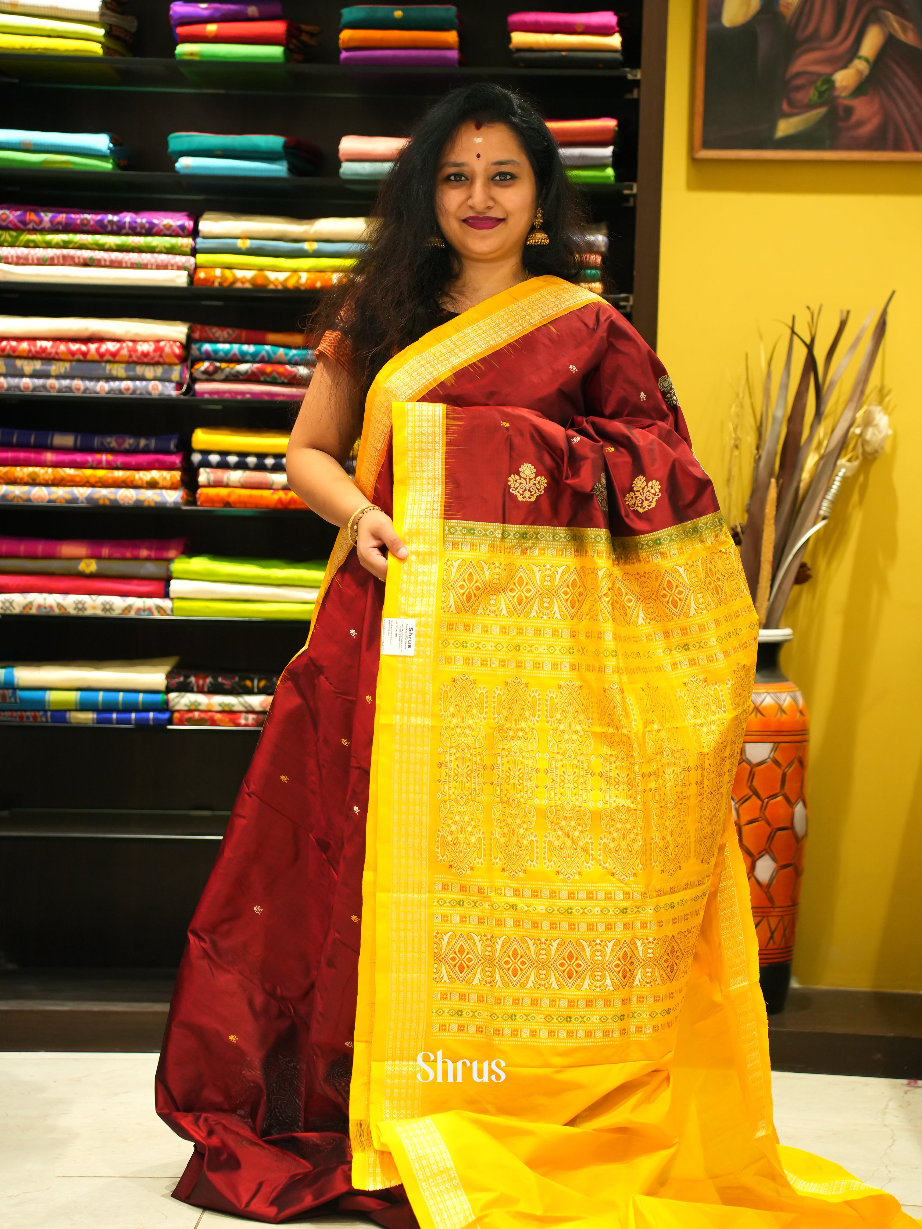 Maroon & Yellow - Odisha Sambalpuri Soft Silk Saree - Shop on ShrusEternity.com