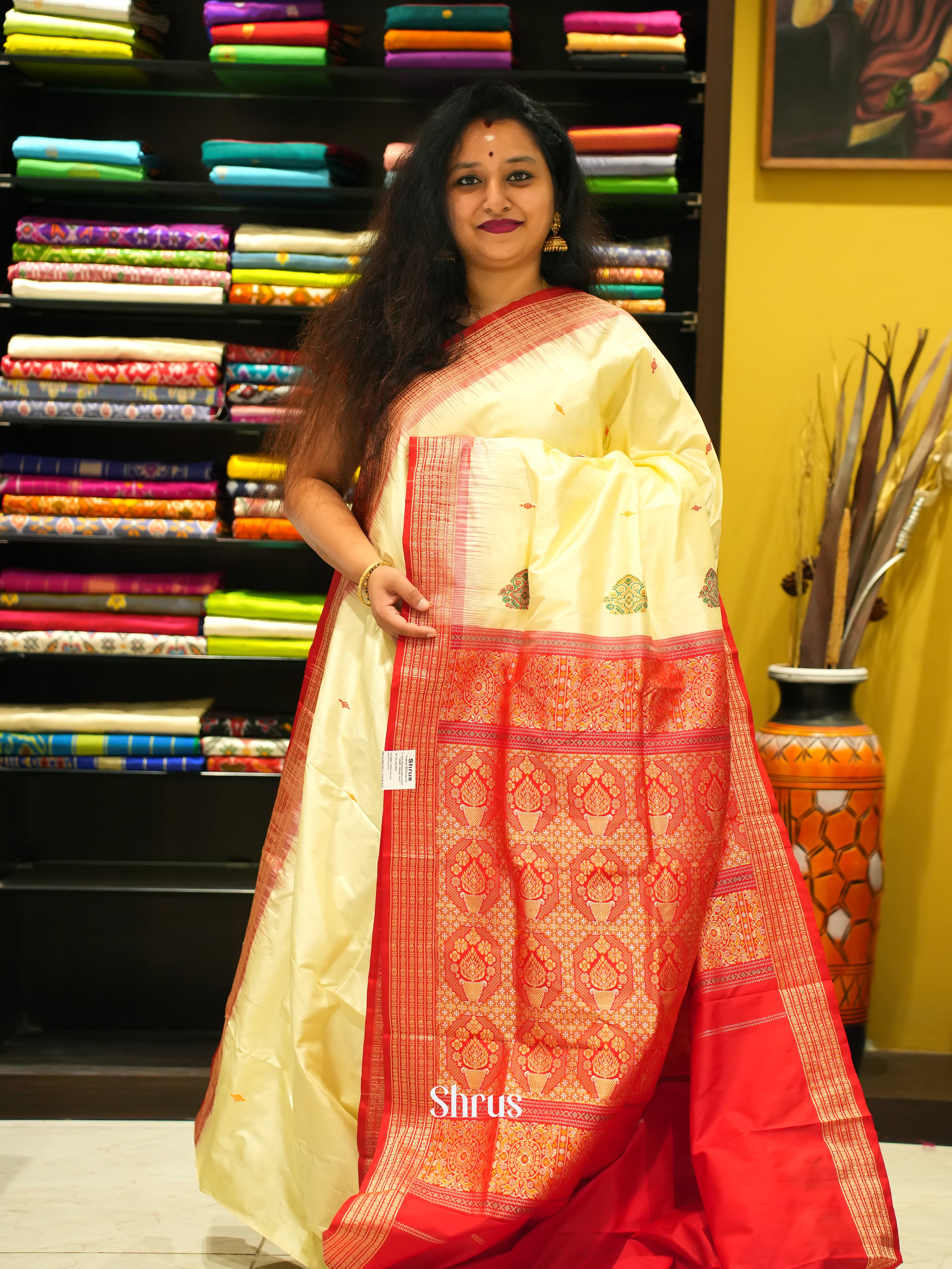 Cream & Red - Odisha Sambalpuri Soft Silk Saree - Shop on ShrusEternity.com