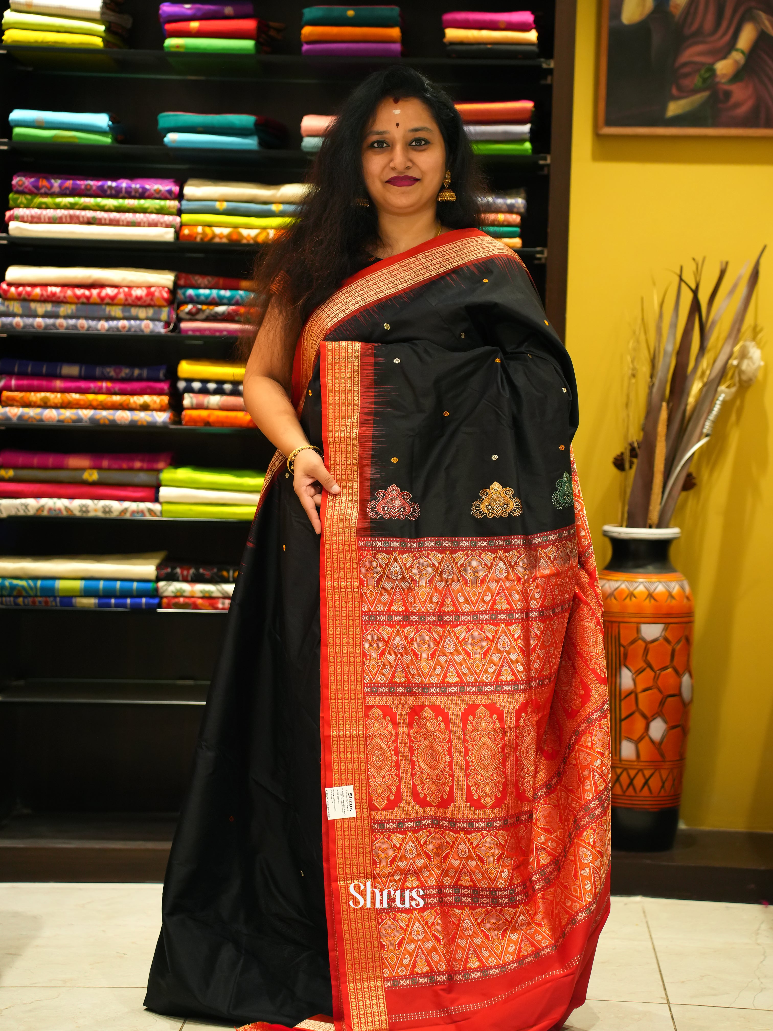 Black & Red - Odisha Sambalpuri Soft Silk Saree - Shop on ShrusEternity.com