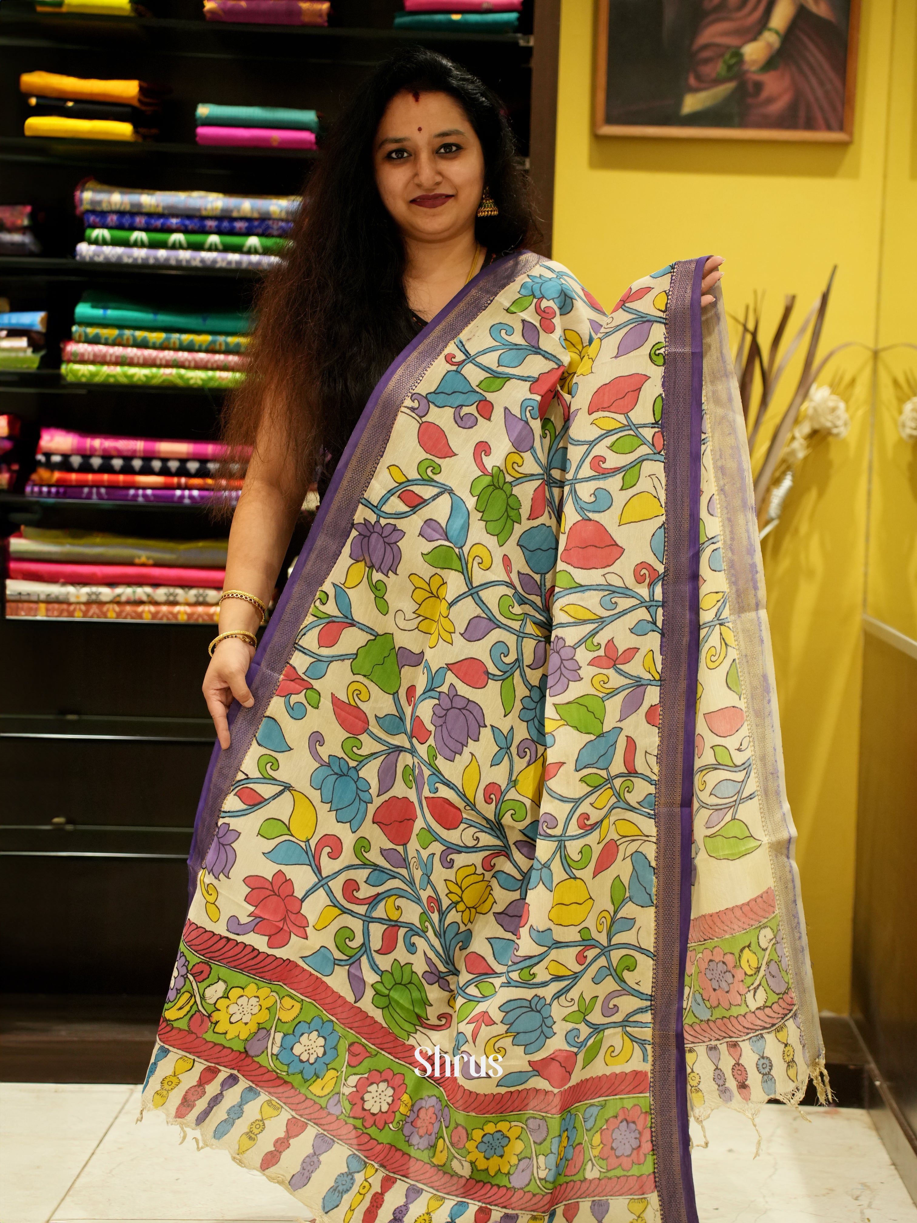 Cream & Lavender - Pen kalamkari Dupatta - Shop on ShrusEternity.com