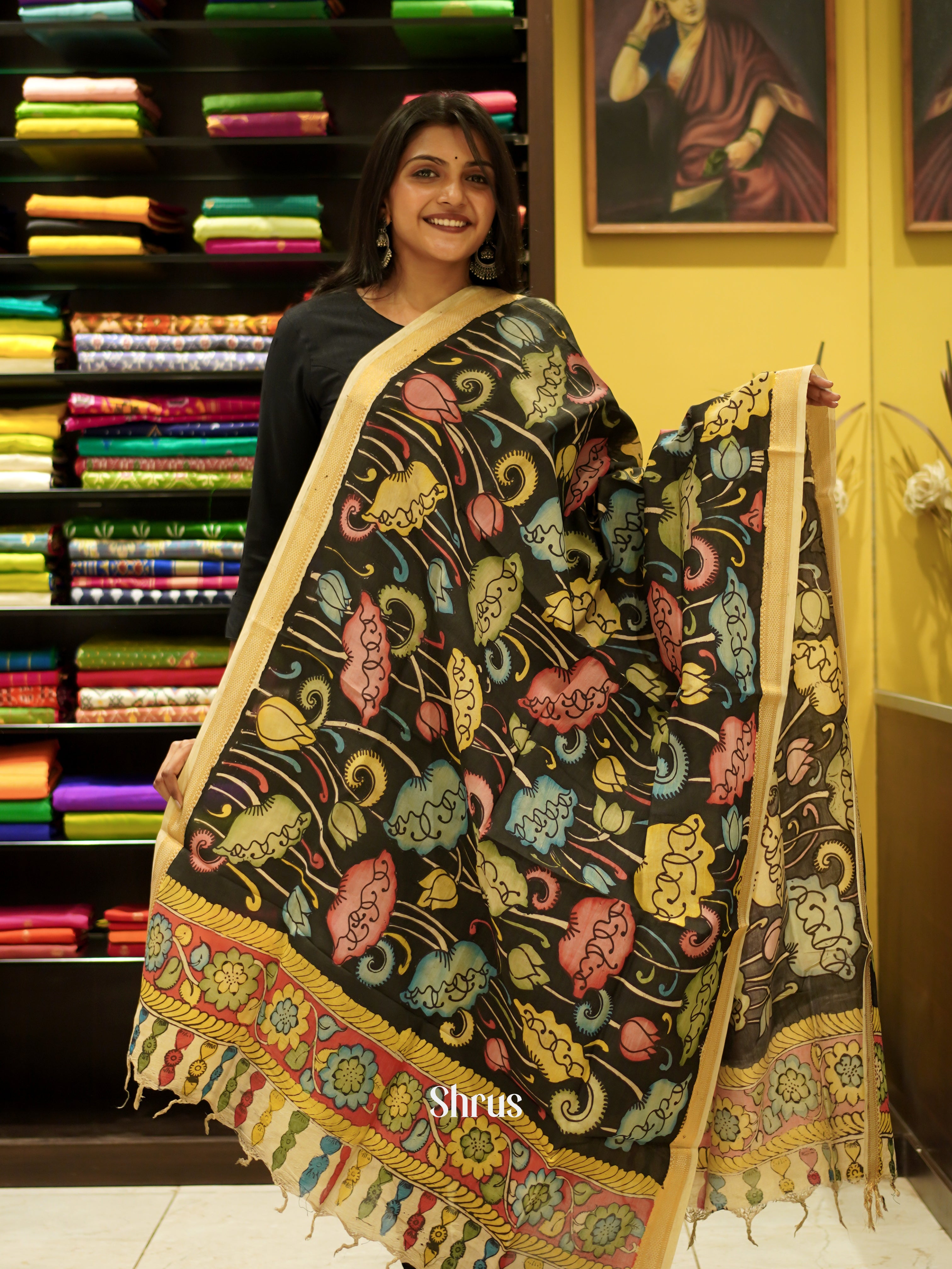 Black & Yellow - Pen Kalamkari Dupatta - Shop on ShrusEternity.com