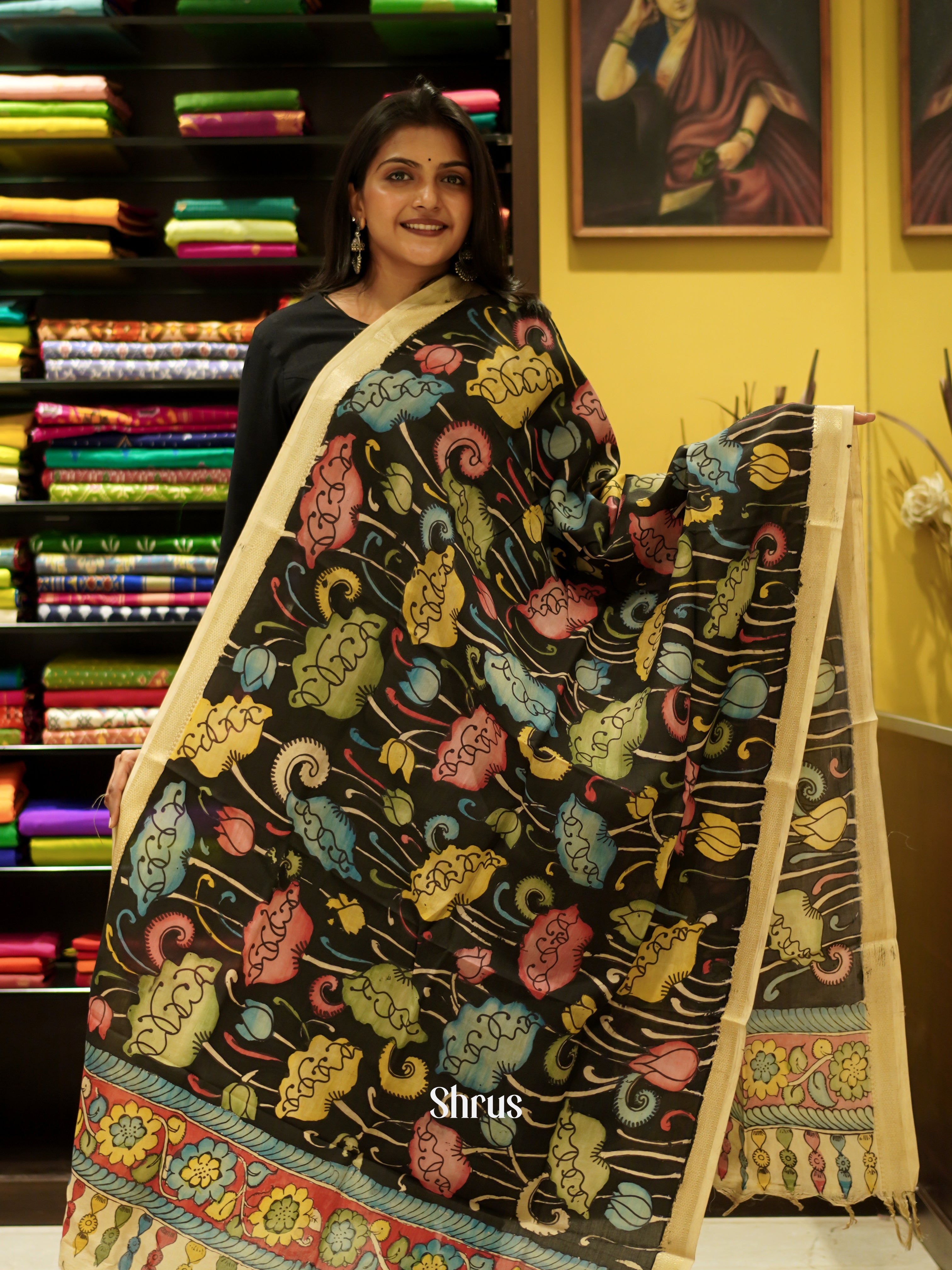 Black & Cream - Pen Kalamkari Dupatta - Shop on ShrusEternity.com