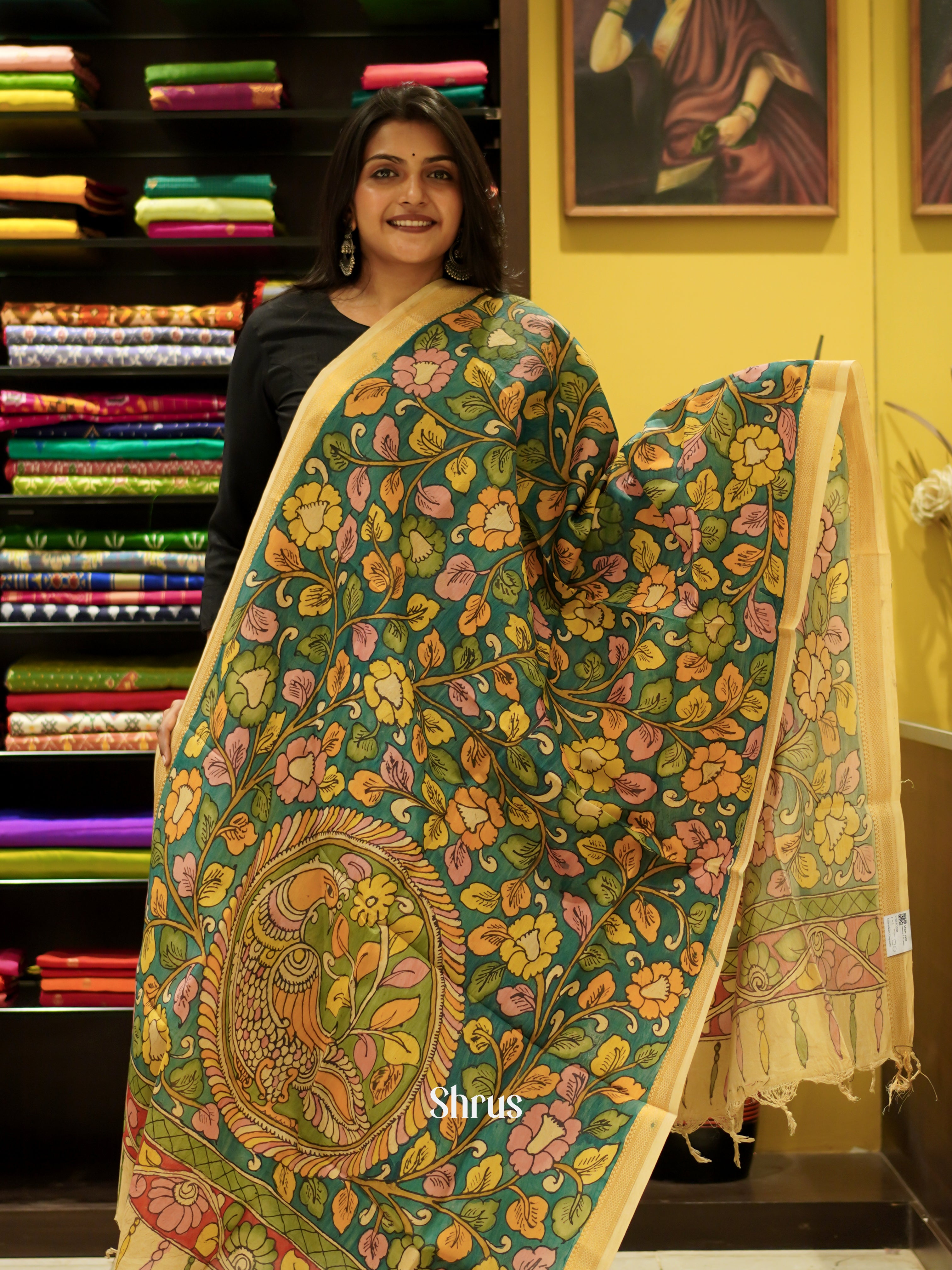 Green - Pen Kalamkari Dupatta - Shop on ShrusEternity.com