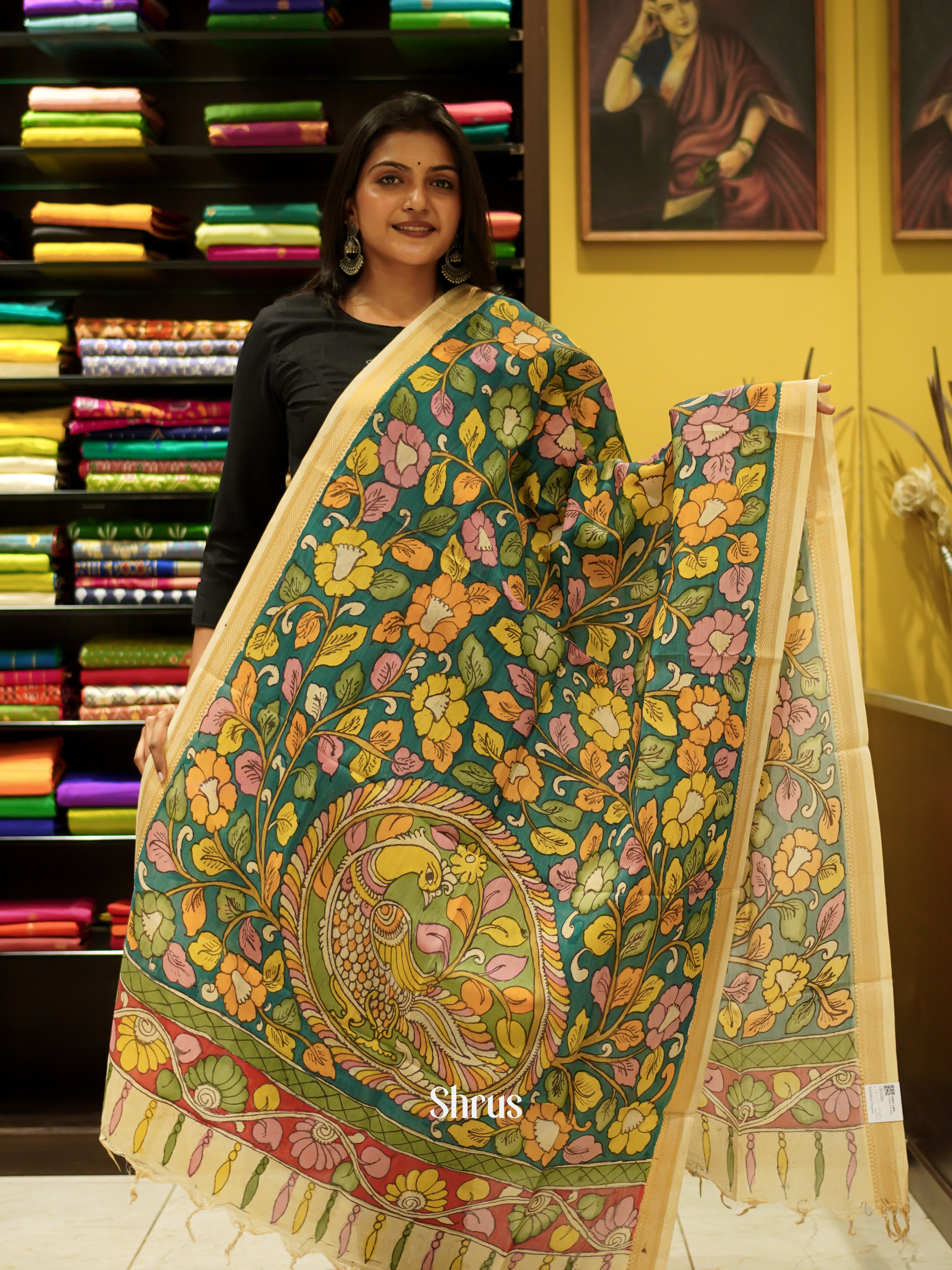 Green & Cream - Pen Kalamkari Dupatta - Shop on ShrusEternity.com