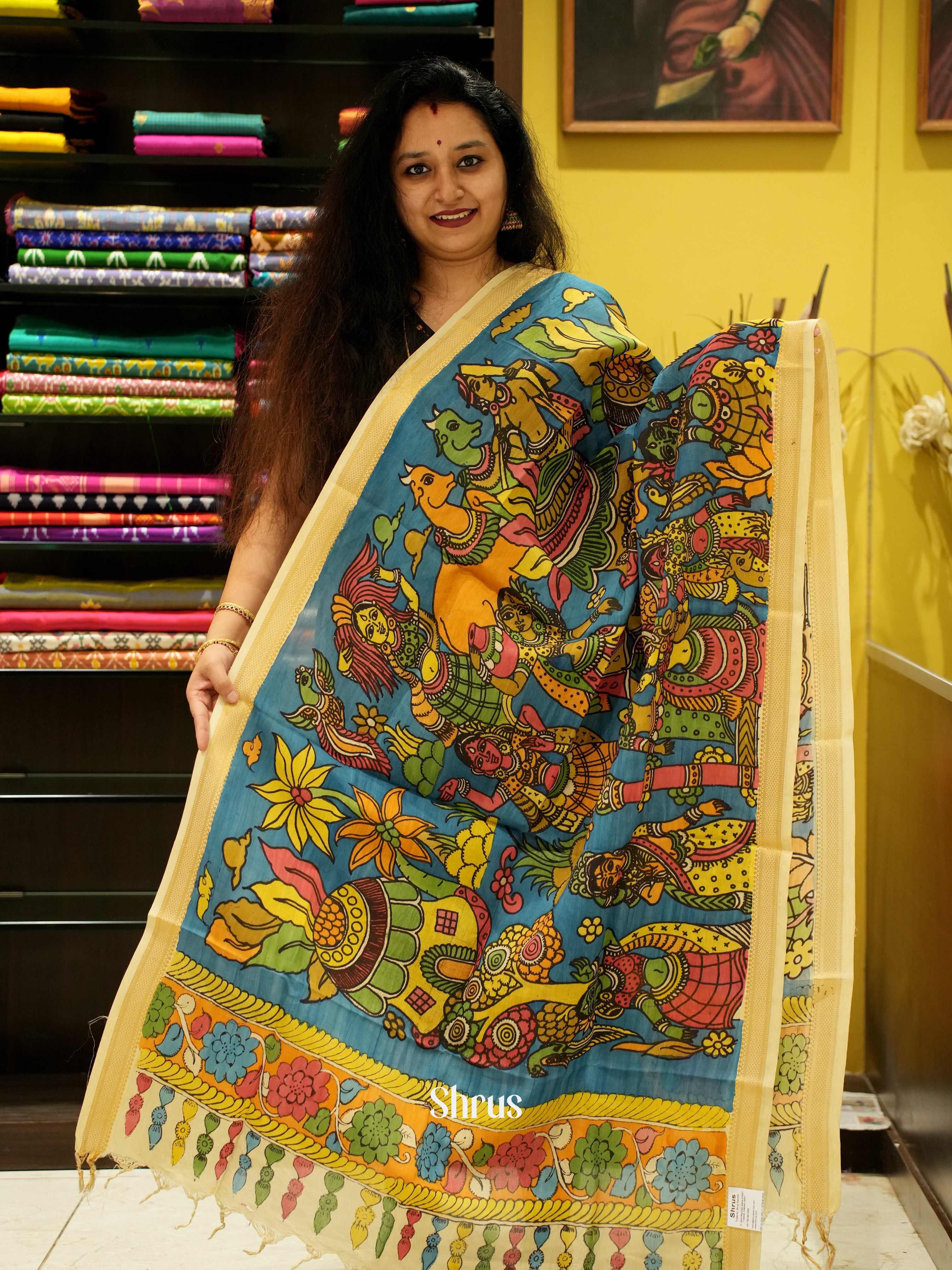 Blue - Pen kalamkari Dupatta - Shop on ShrusEternity.com