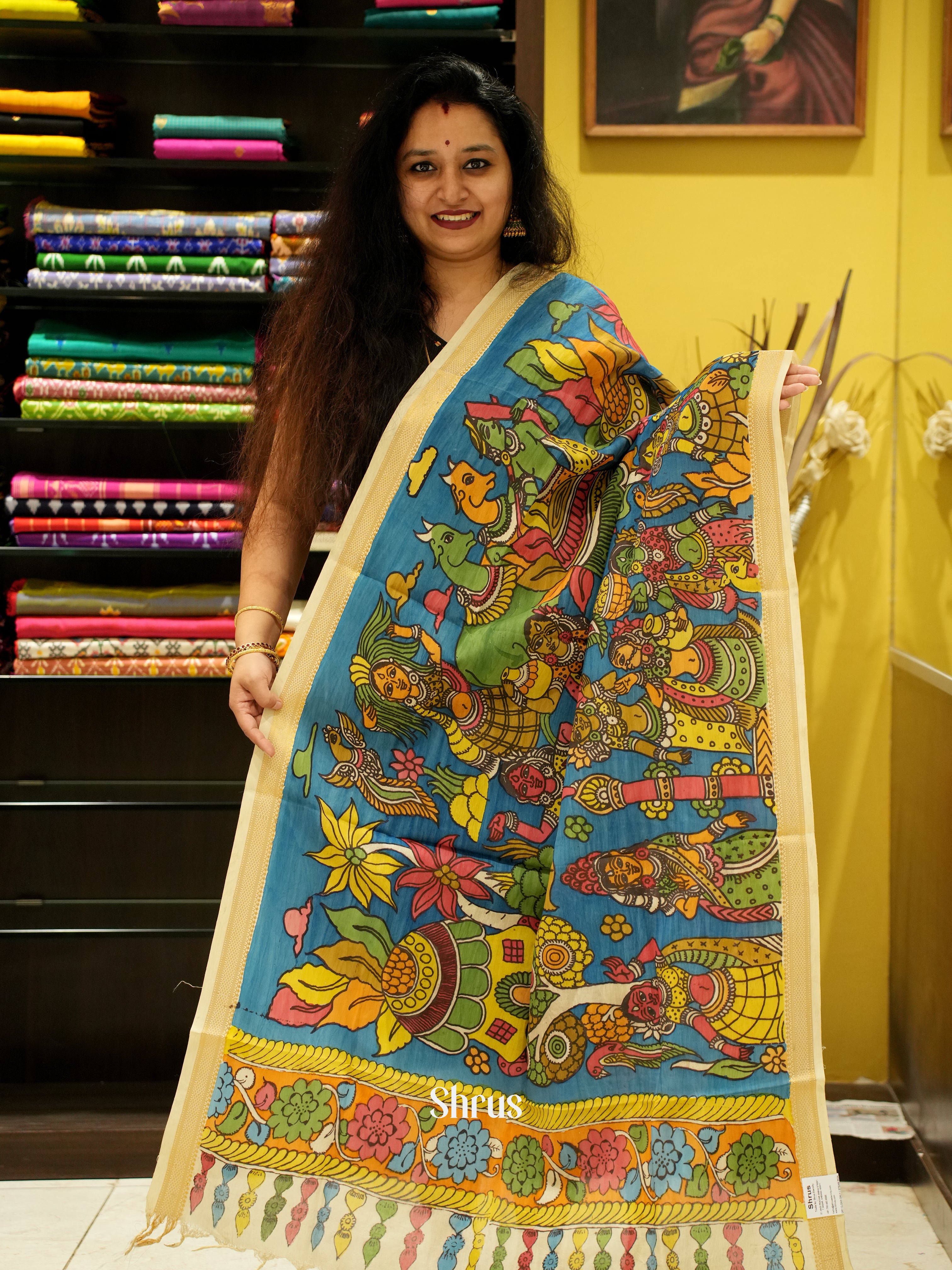 Blue - Pen kalamkari Dupatta - Shop on ShrusEternity.com