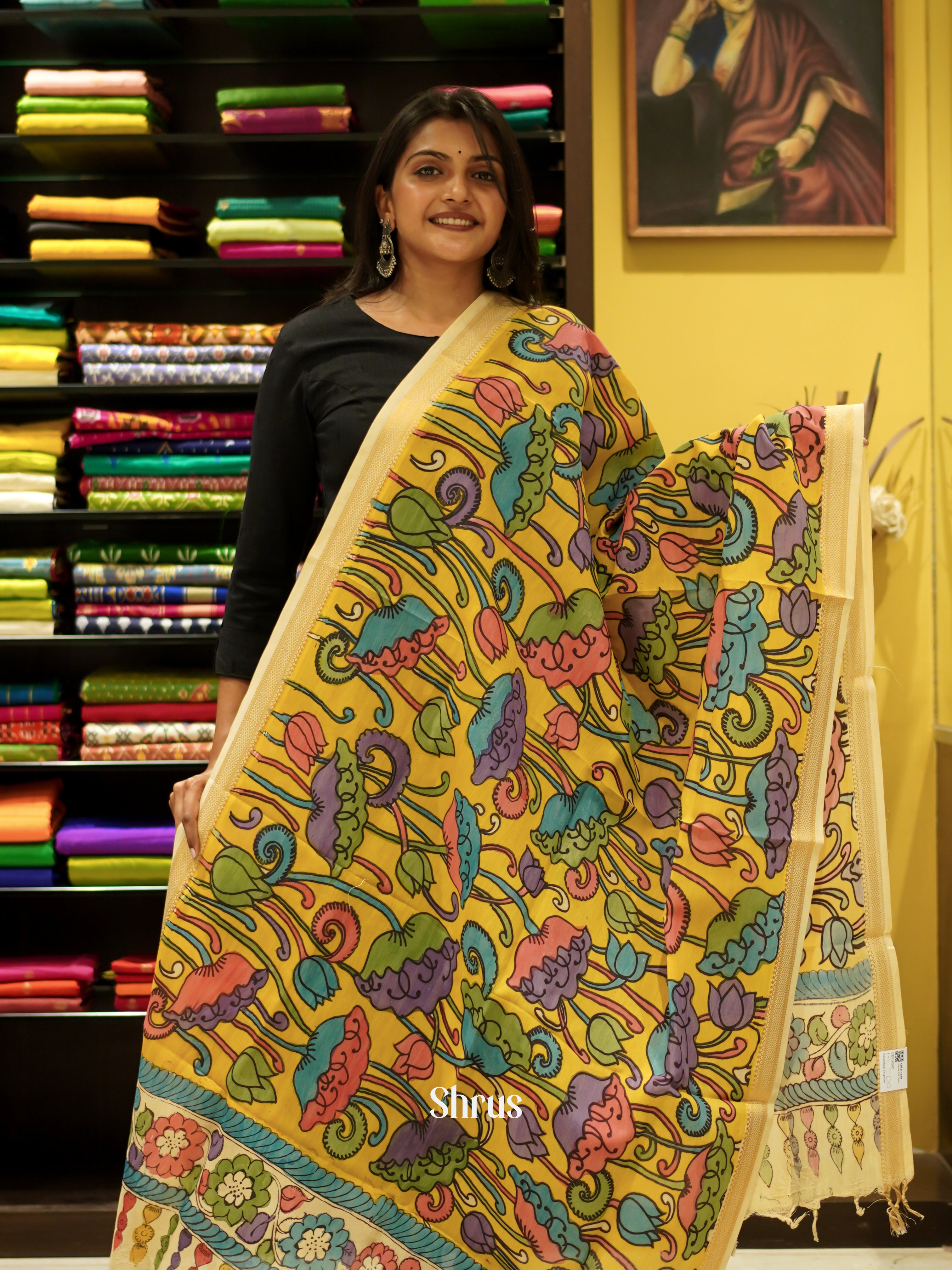 Yellow & Cream- Pen Kalamkari Dupatta - Shop on ShrusEternity.com