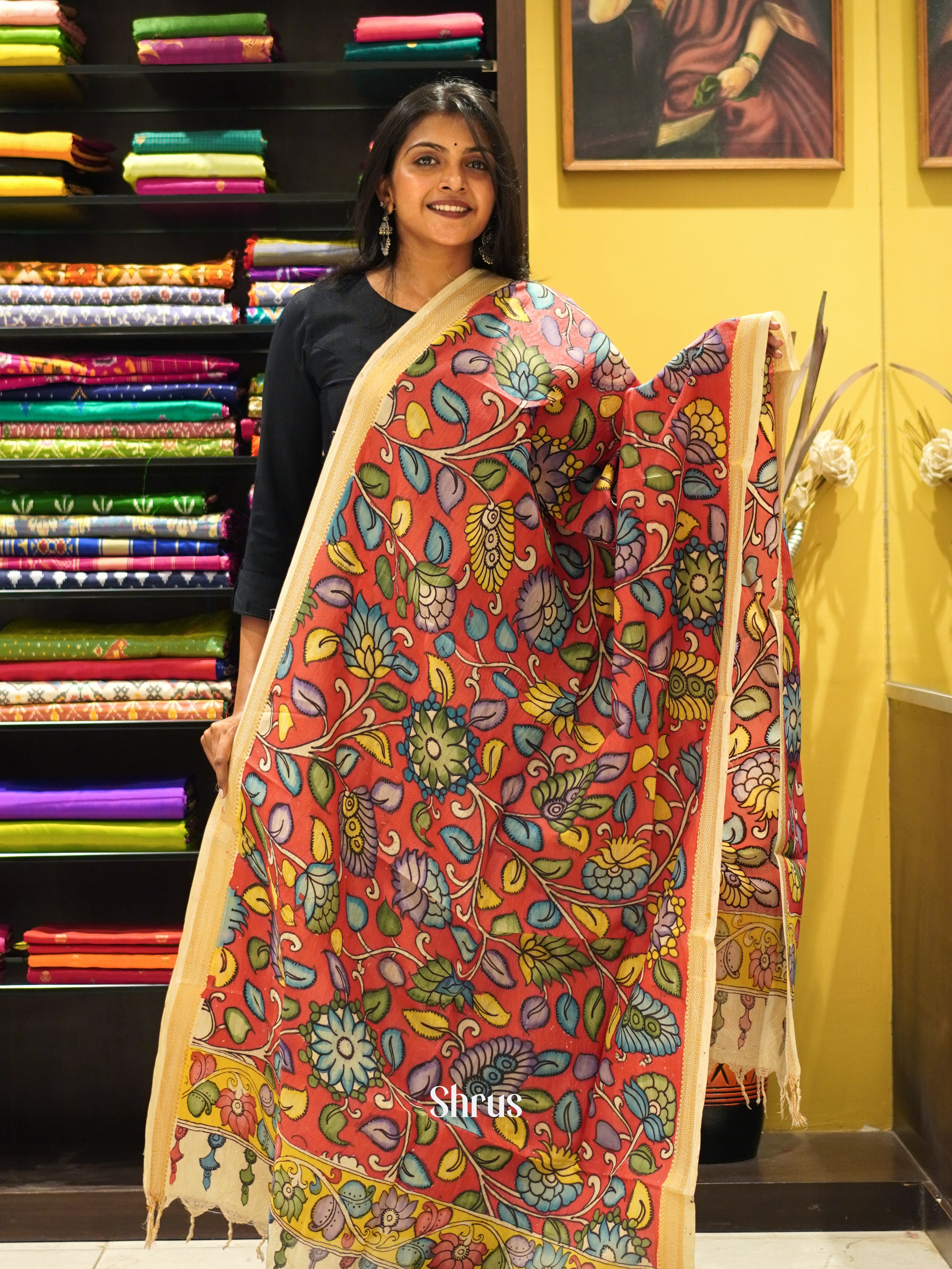 Red & Cream-  Pen kalamkari Dupatta - Shop on ShrusEternity.com