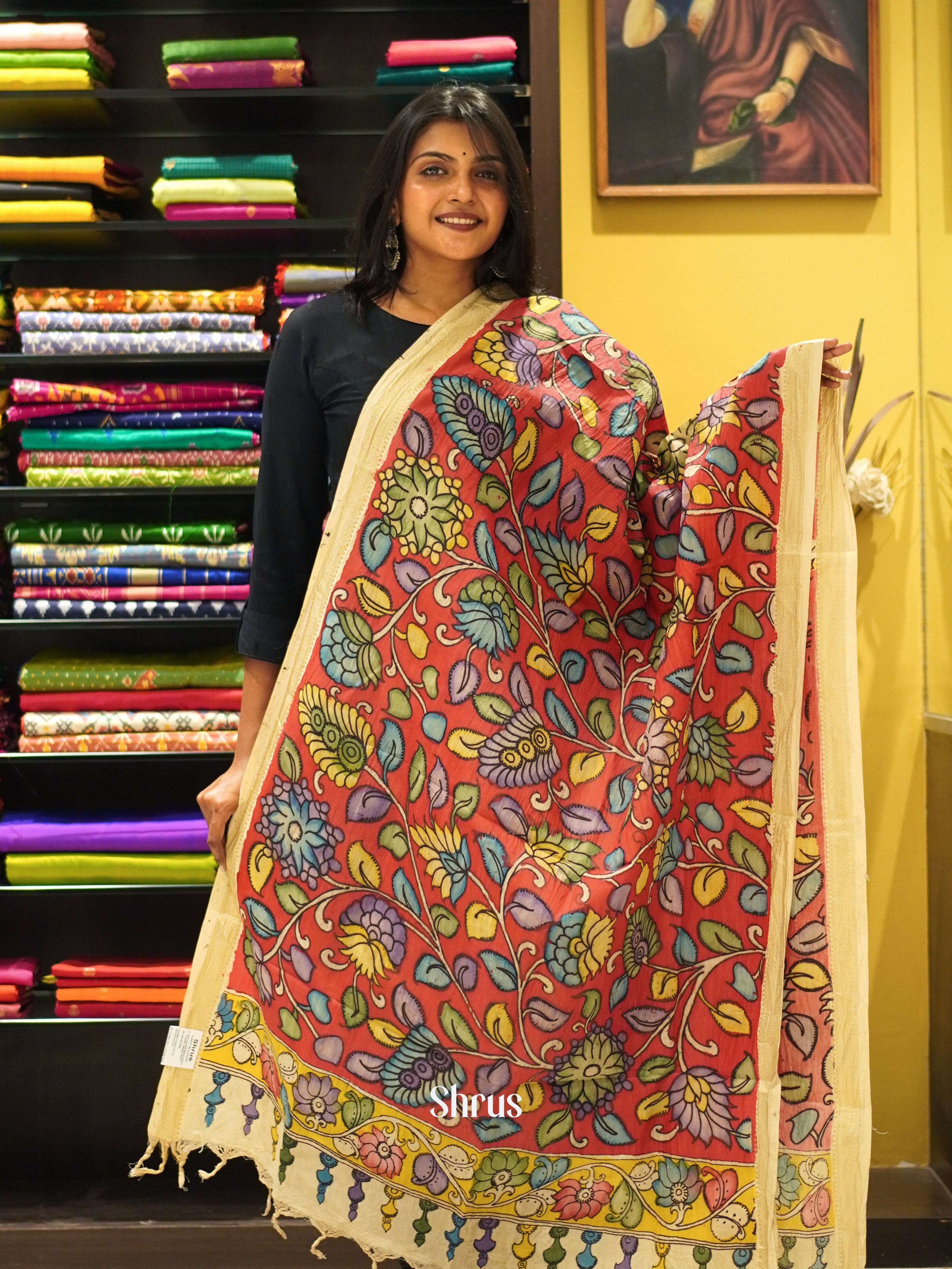 Red & Cream -  Penkalamkari Dupatta - Shop on ShrusEternity.com