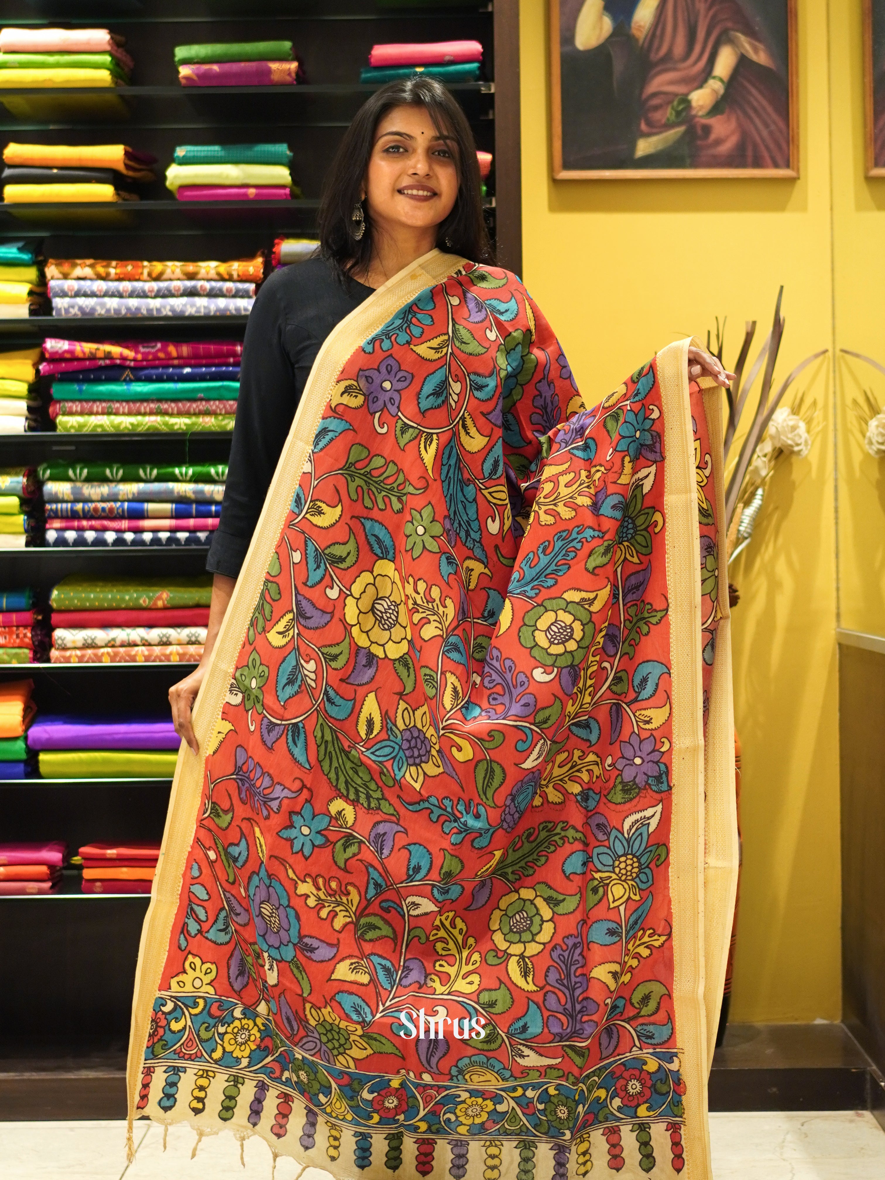 Red & Cream -  Pen kalamkari Dupatta - Shop on ShrusEternity.com