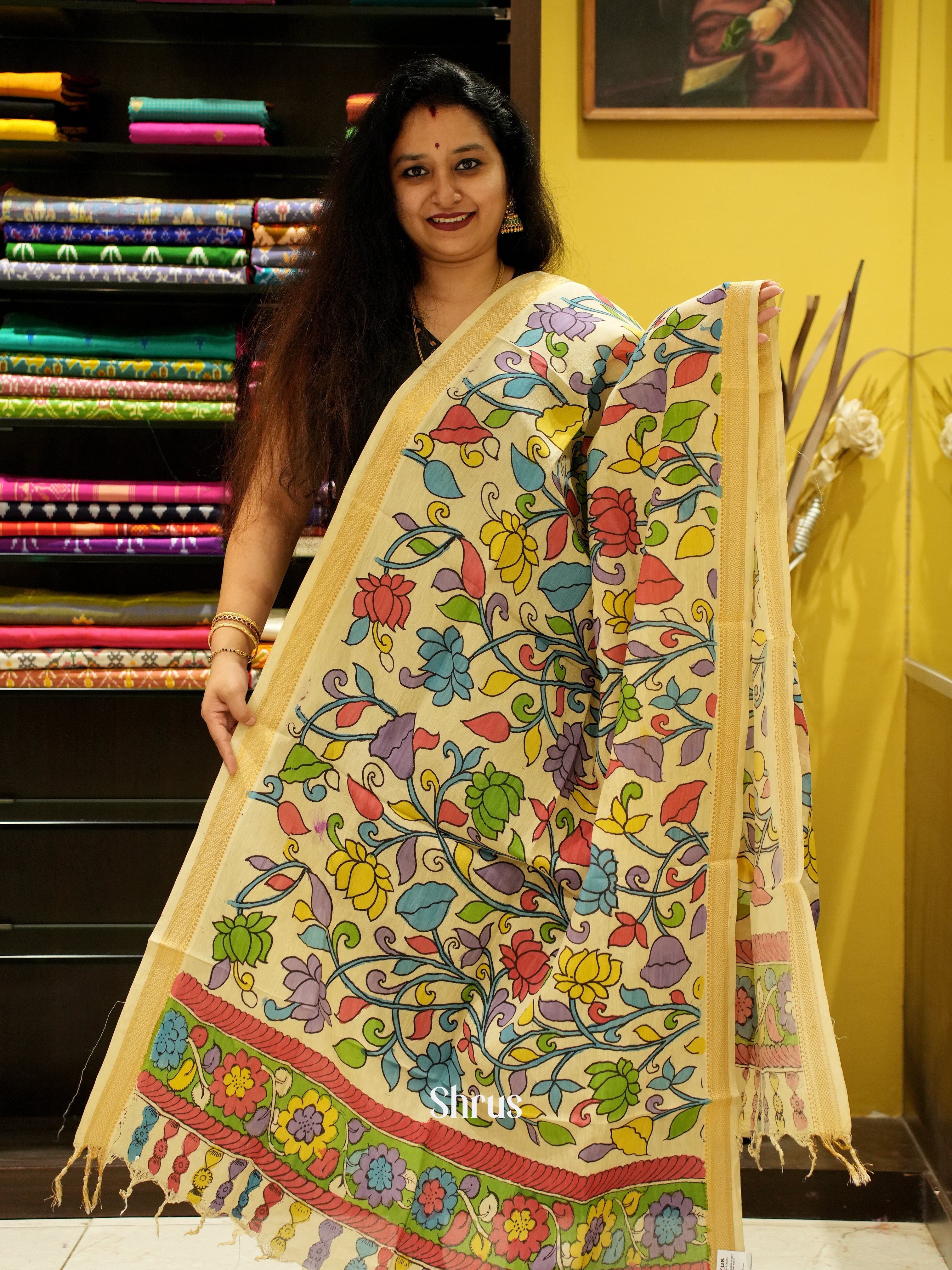 Cream - Pen kalamkari Dupatta - Shop on ShrusEternity.com