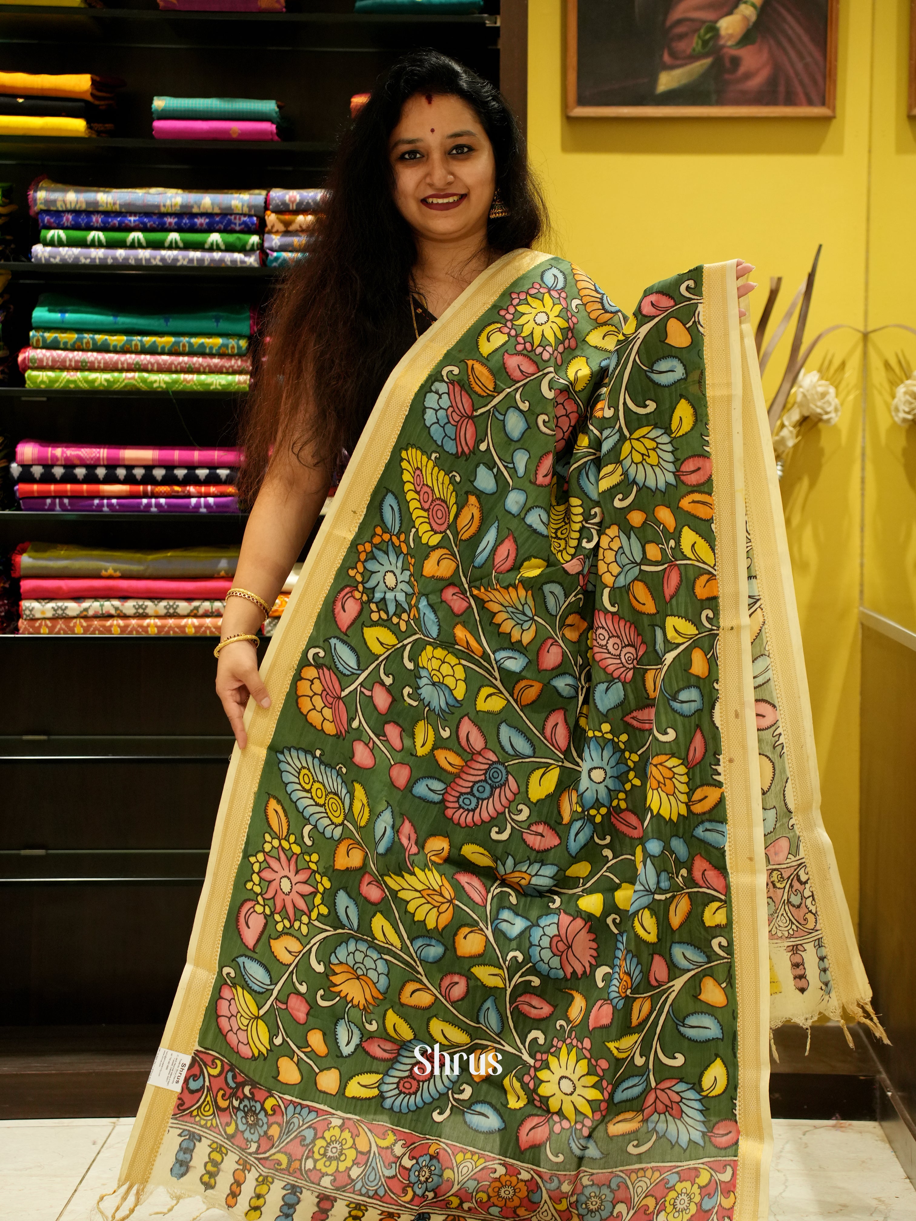 Green - Pen kalamkari Dupatta - Shop on ShrusEternity.com