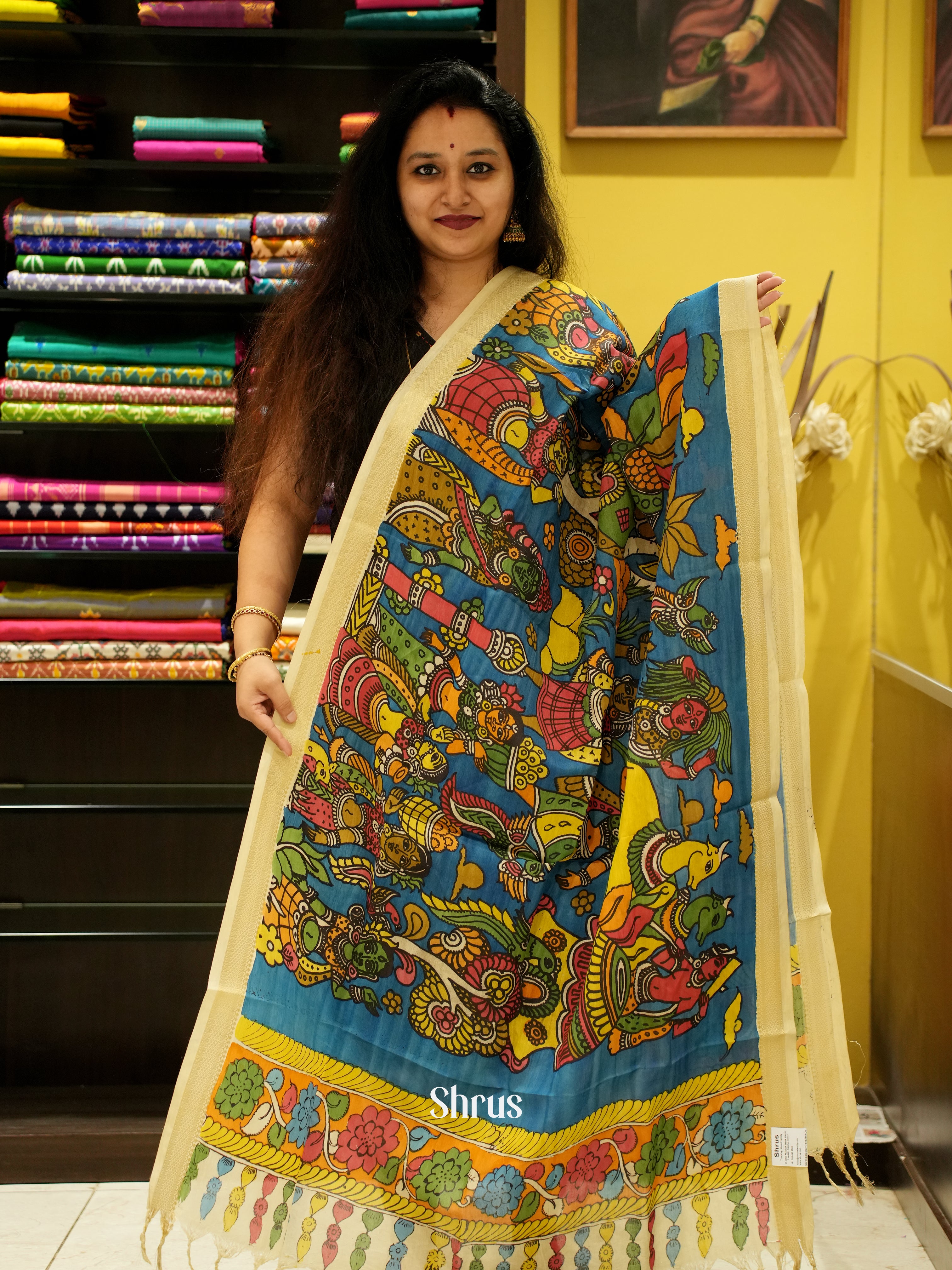 Blue - Pen kalamkari Dupatta - Shop on ShrusEternity.com