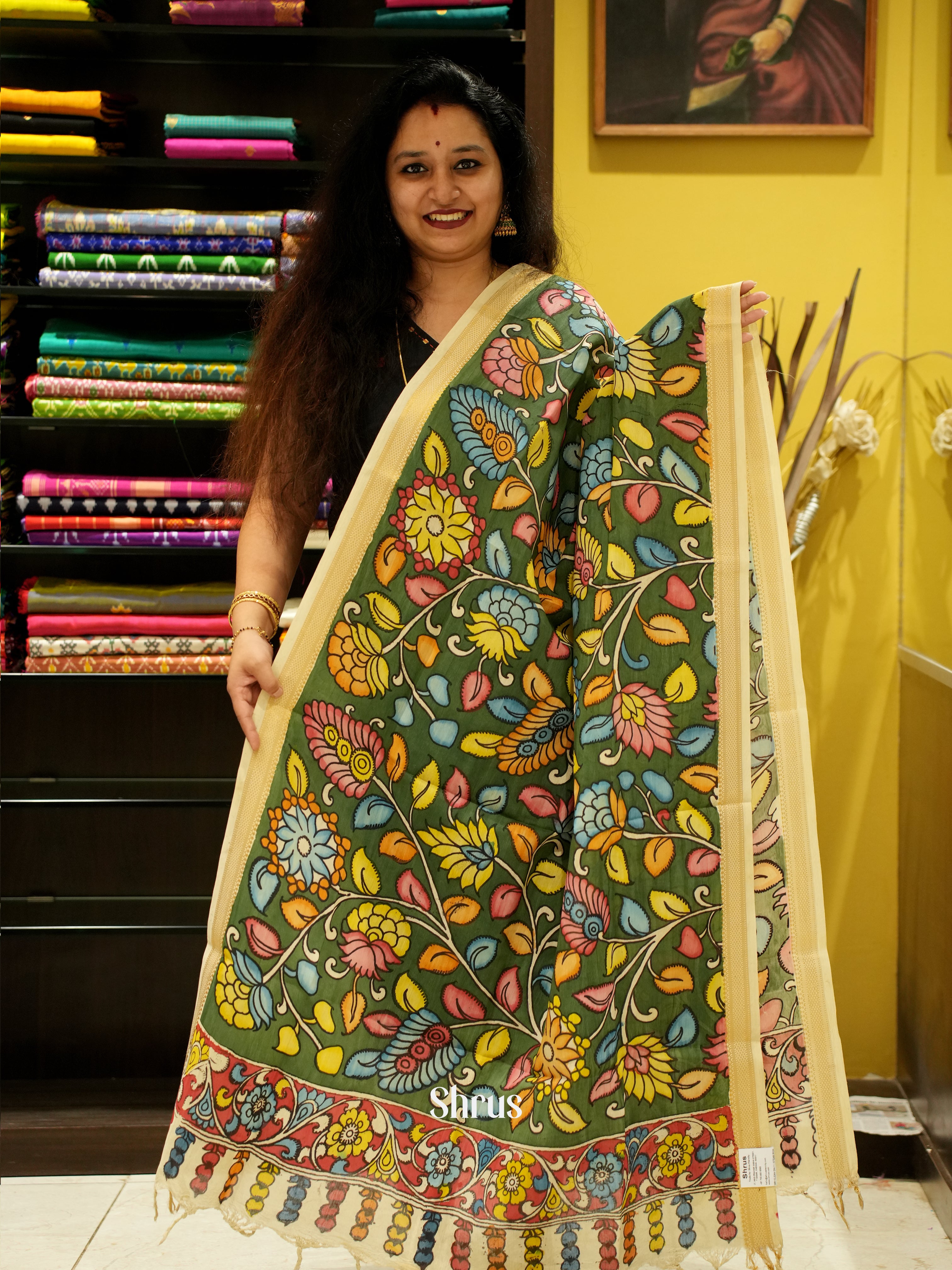 Green - Pen kalamkari Dupatta - Shop on ShrusEternity.com