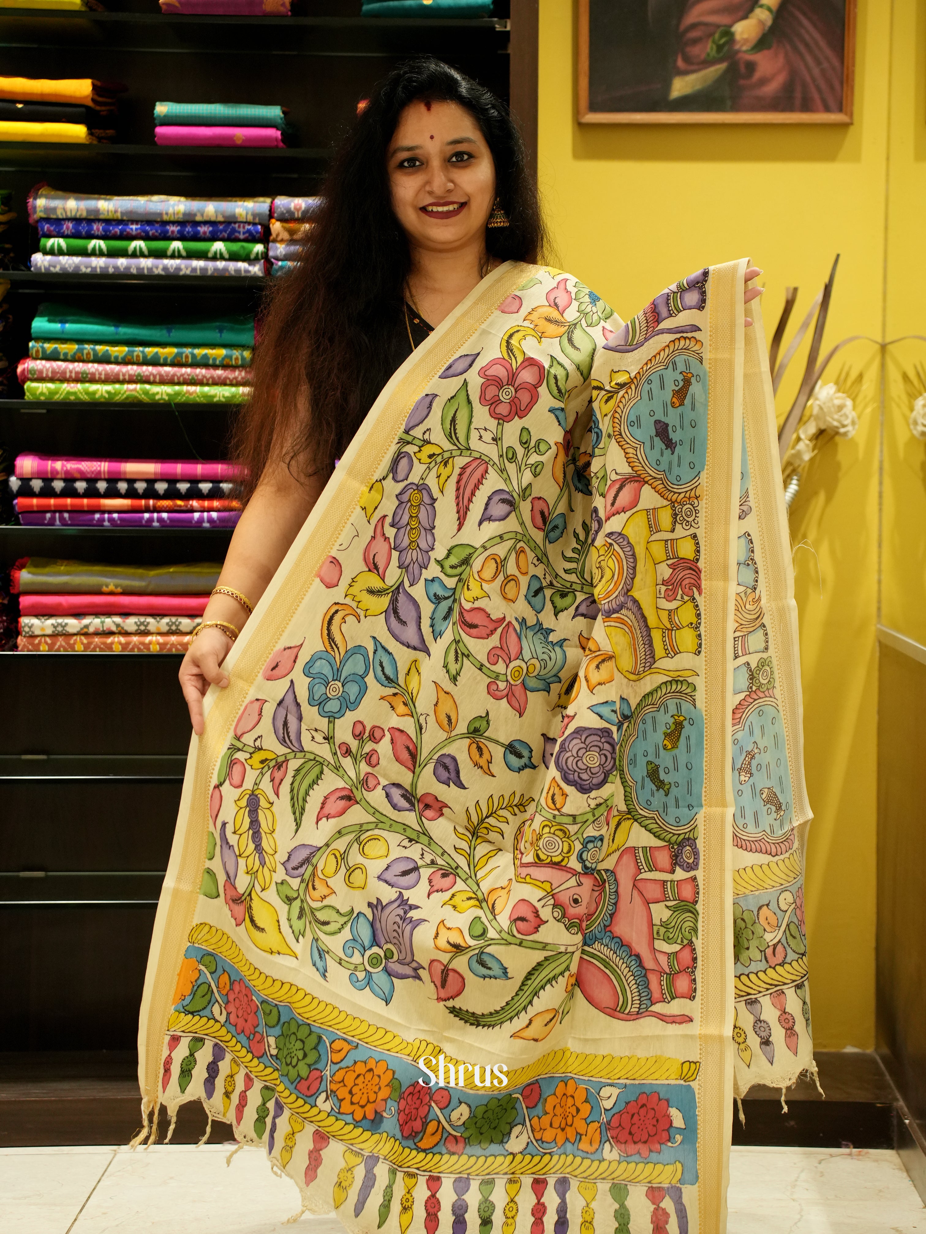 Cream - Pen kalamkari Dupatta - Shop on ShrusEternity.com