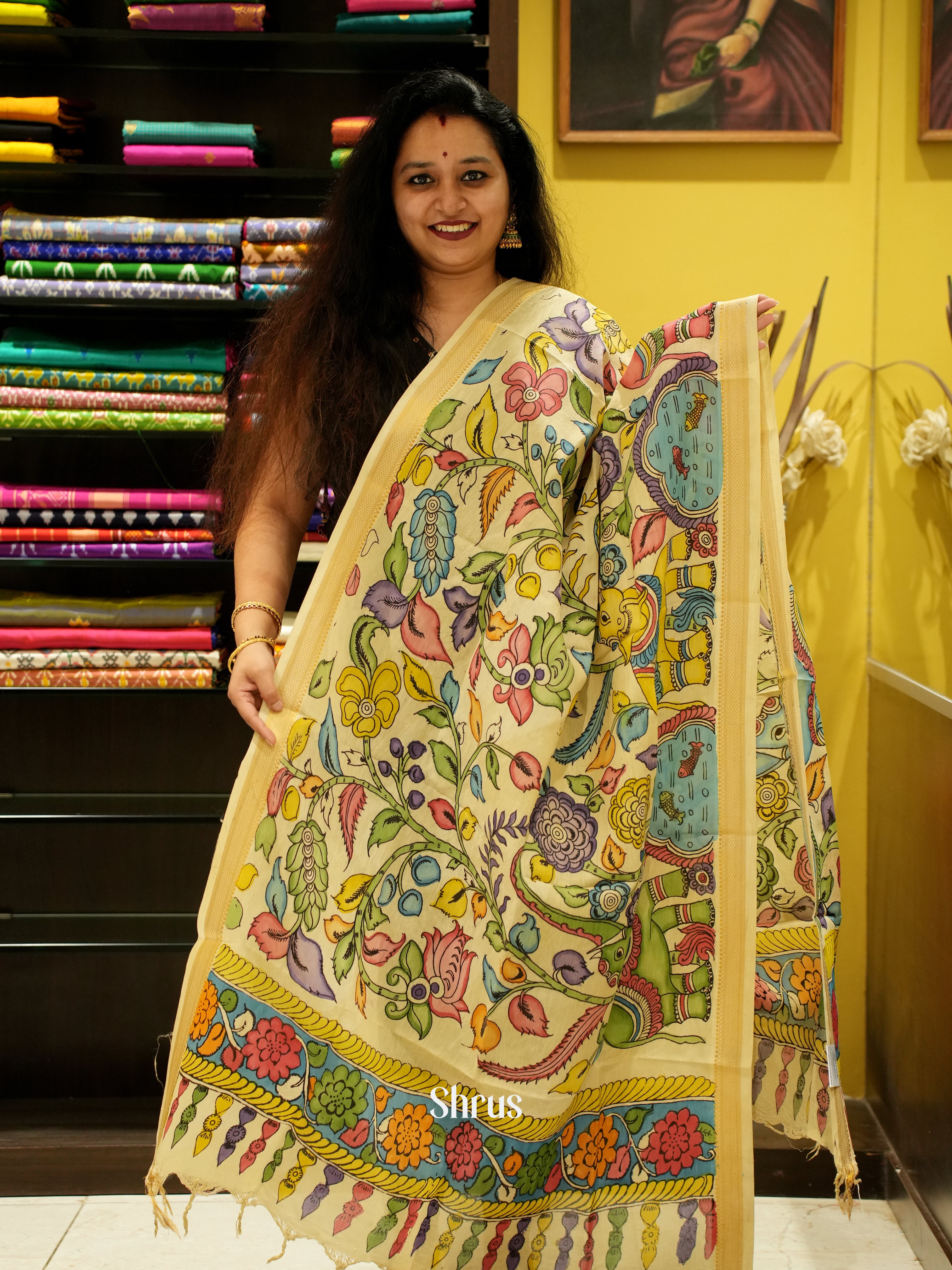 Cream  - Pen kalamkari Dupatta - Shop on ShrusEternity.com