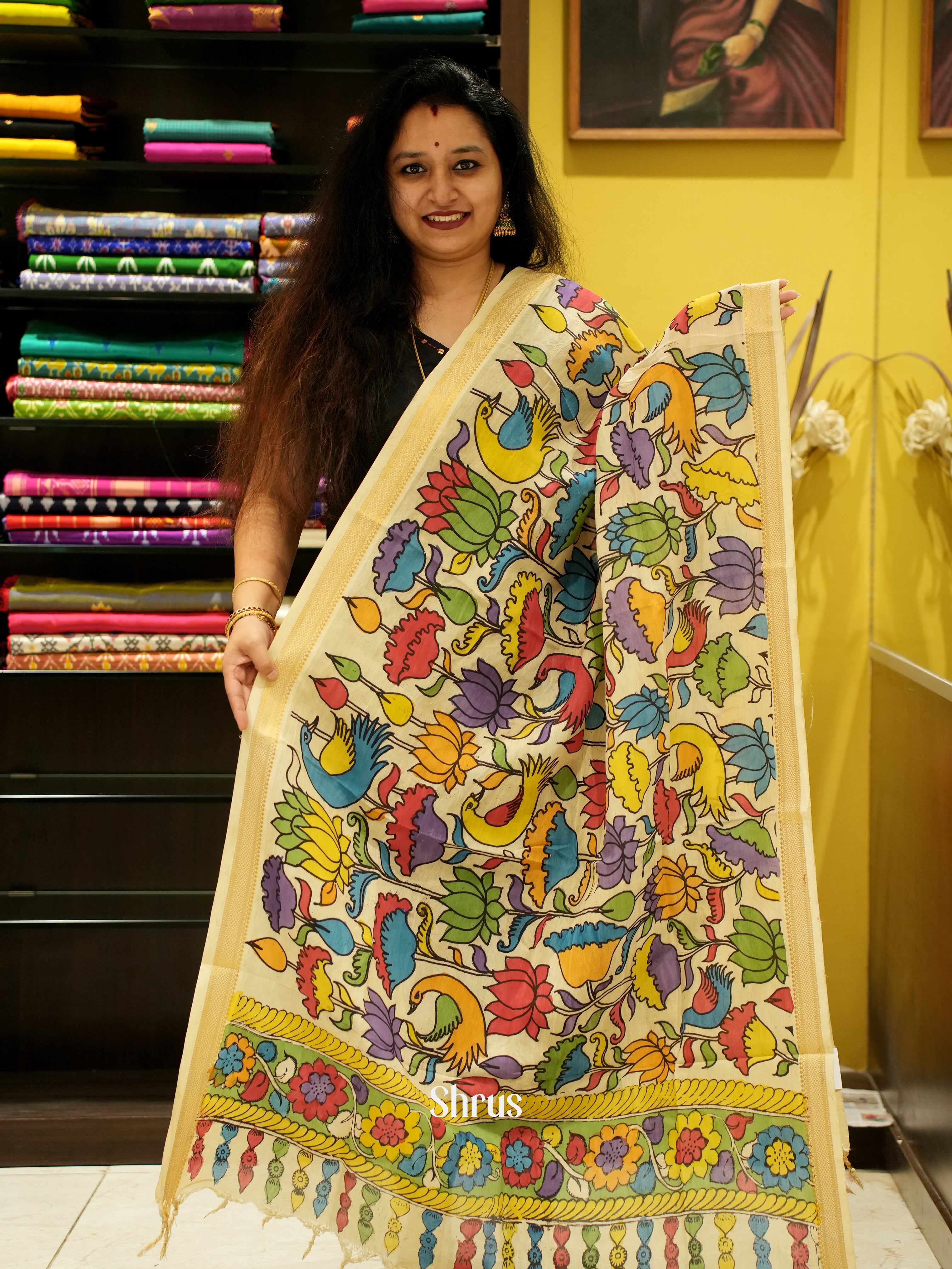 Cream - Pen kalamkari Dupatta - Shop on ShrusEternity.com