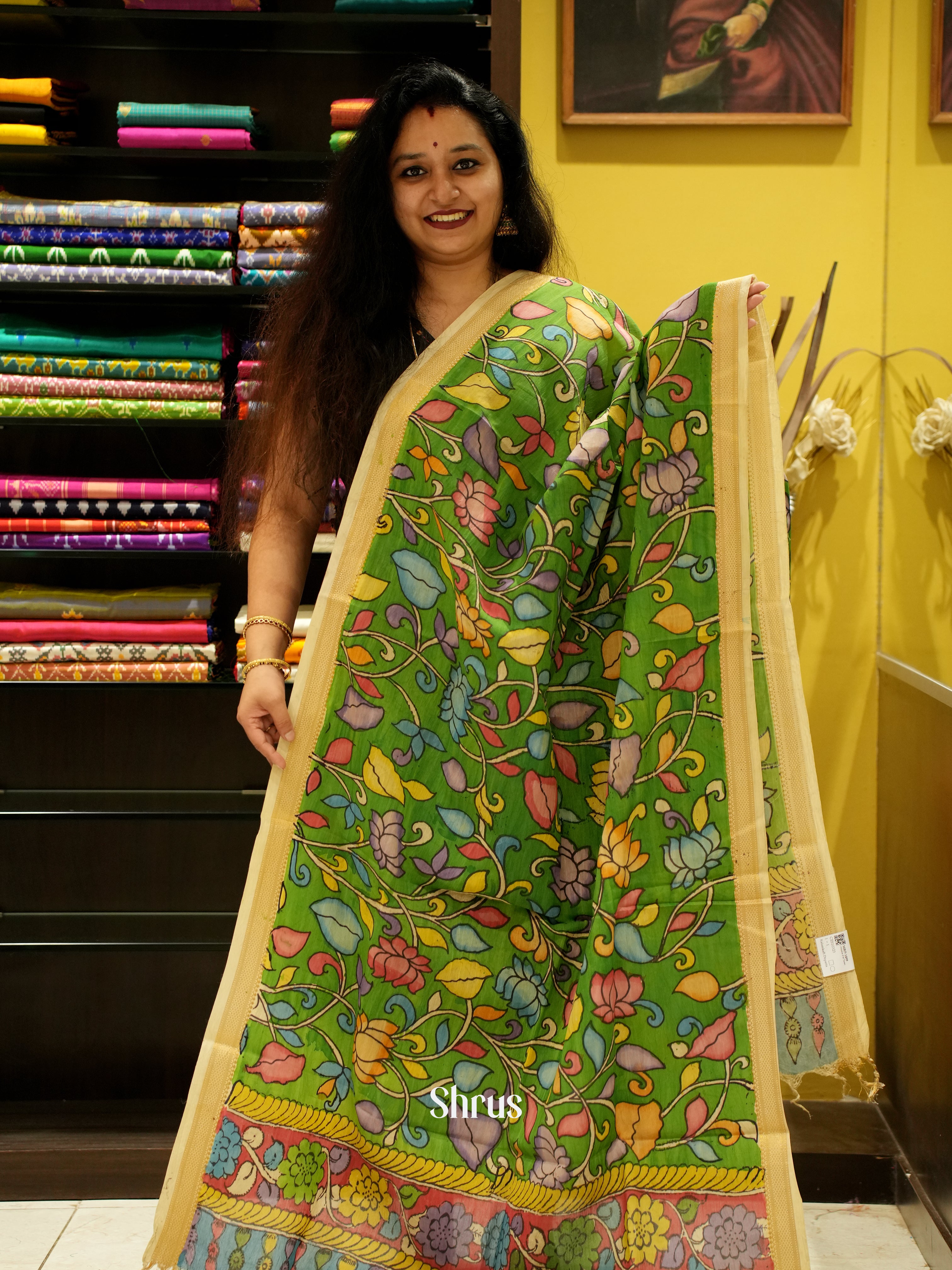 Green - Pen kalamkari Dupatta - Shop on ShrusEternity.com