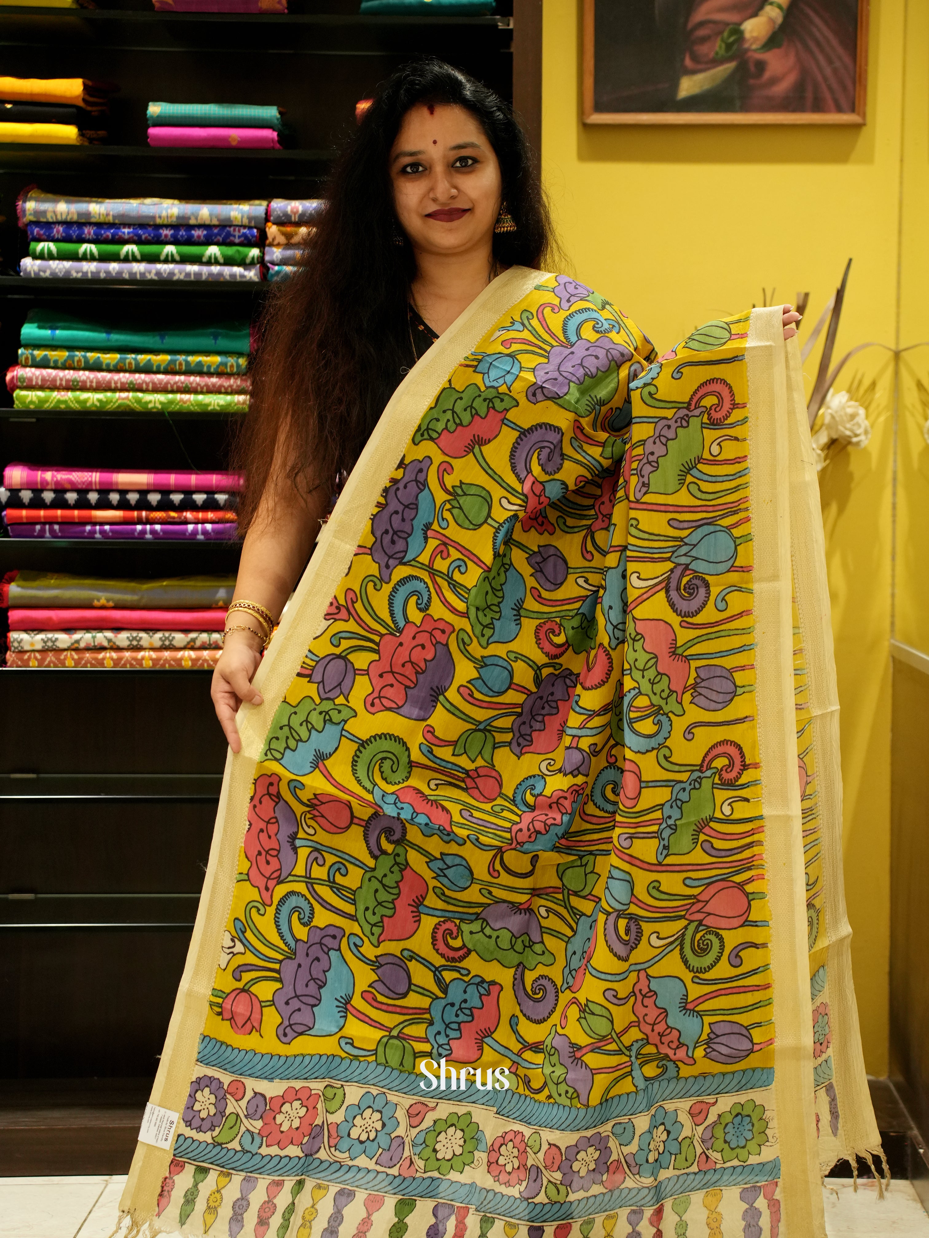 Yellow - Pen kalamkari Dupatta - Shop on ShrusEternity.com