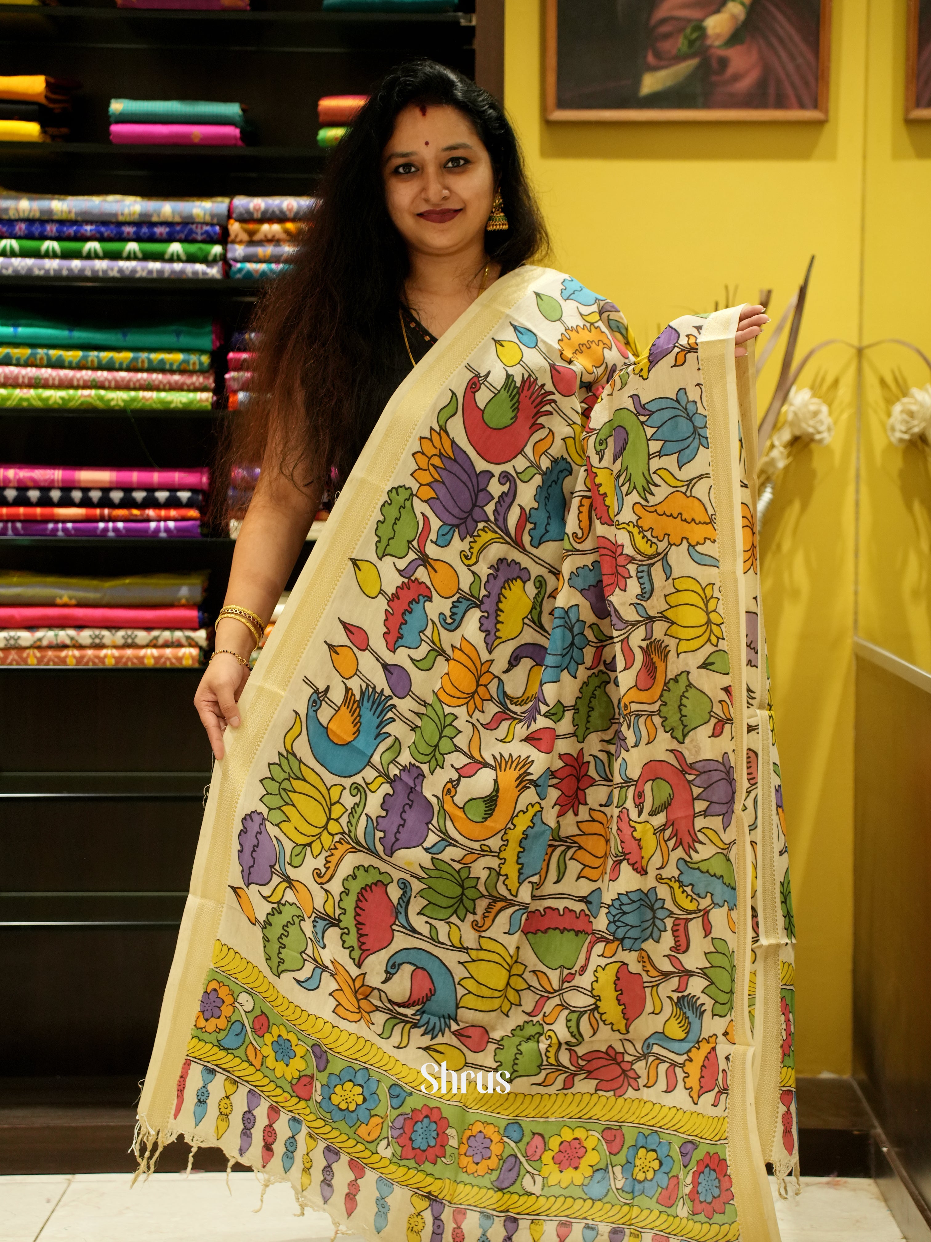 Cream- Pen kalamkari Dupatta - Shop on ShrusEternity.com