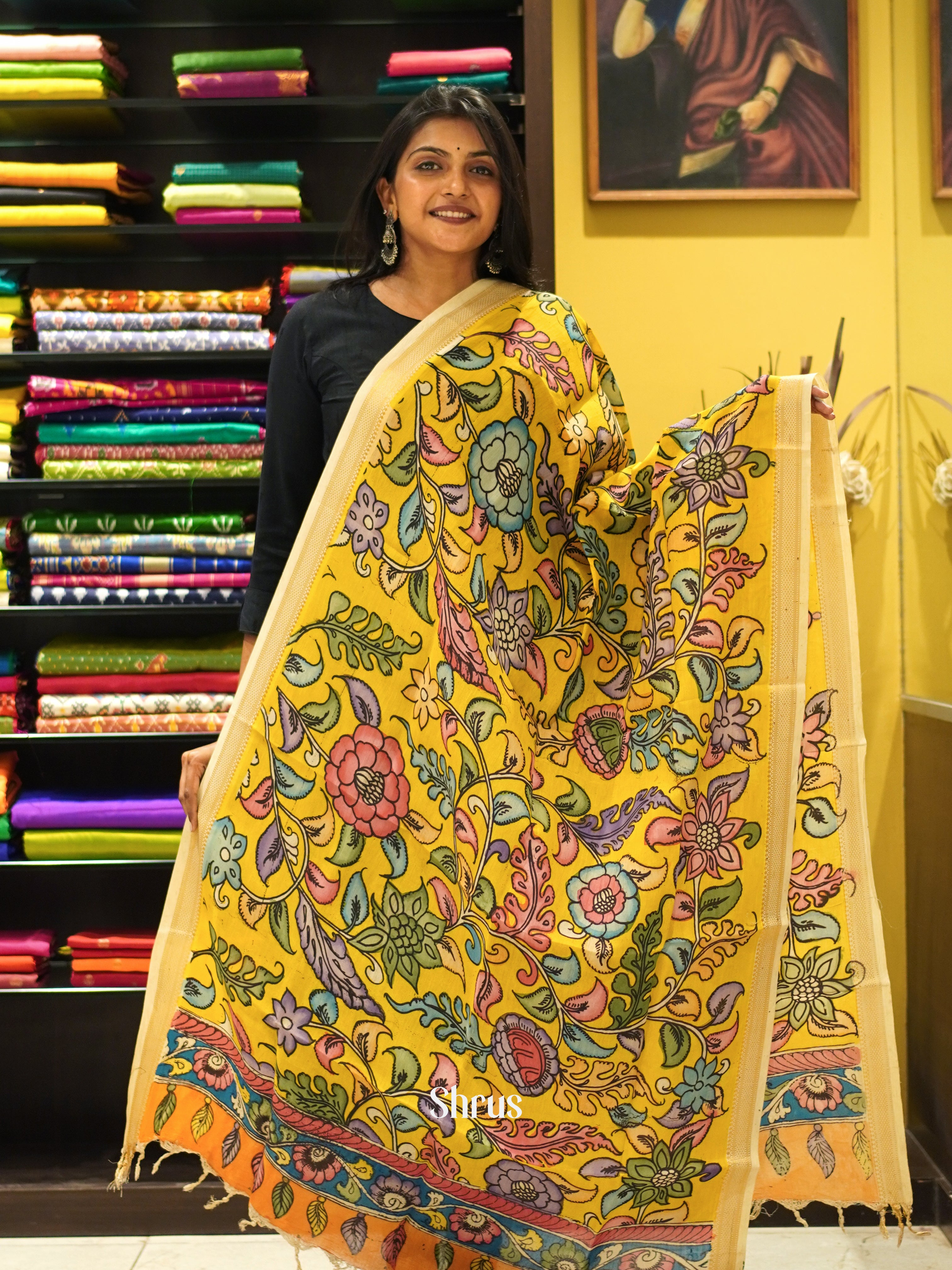 Yellow & Cream - Pen kalamkari Dupatta - Shop on ShrusEternity.com